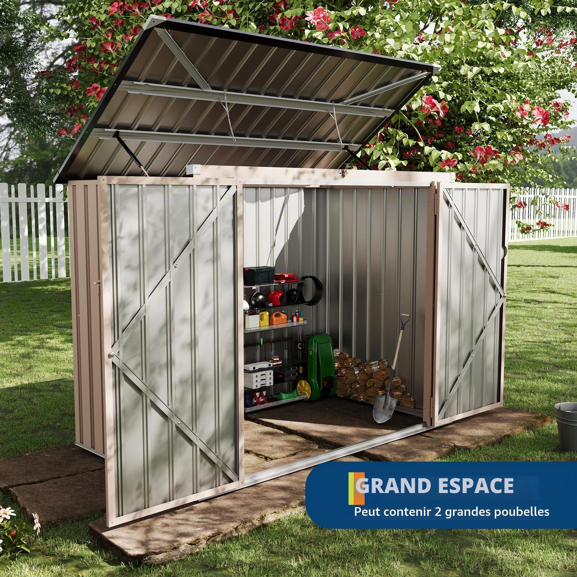 Coffre De Rangement Extérieur en Métal-2 Portes-Le Haut Peut s'ouvrir | Étanche Et Anti-Rouille, Couvercle à Chaîne Sécurisé, Idéal Pour Jardin, Terrasse Et Patio