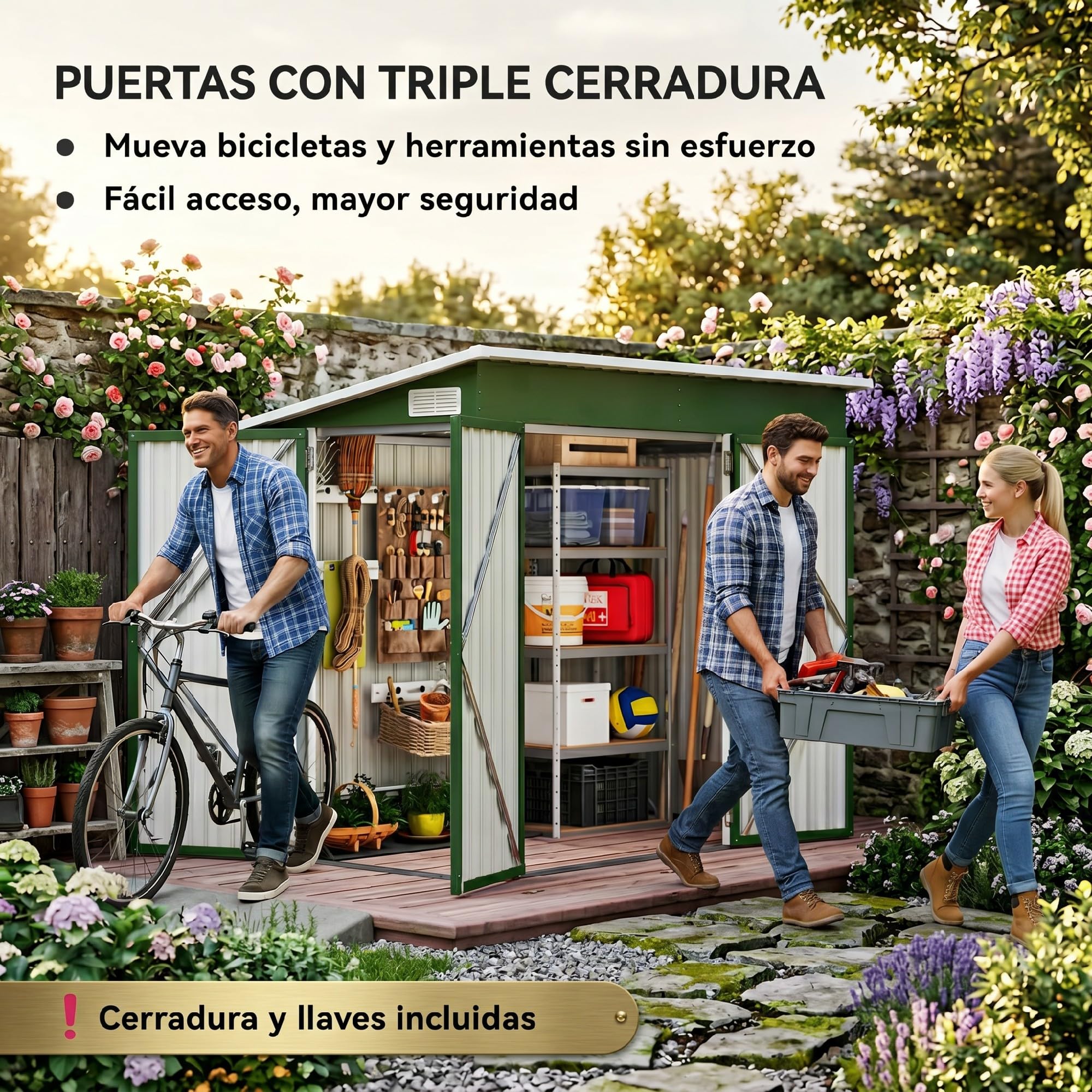 Outsunny Caseta de Jardín Exterior Metálica 2,7 m² 234x132x185 cm Verde | Cobertizo de Jardín Exterior, Triple Puerta, Cerradura, Techo Inclinado, Ventilación, Almacenamiento de Herramientas