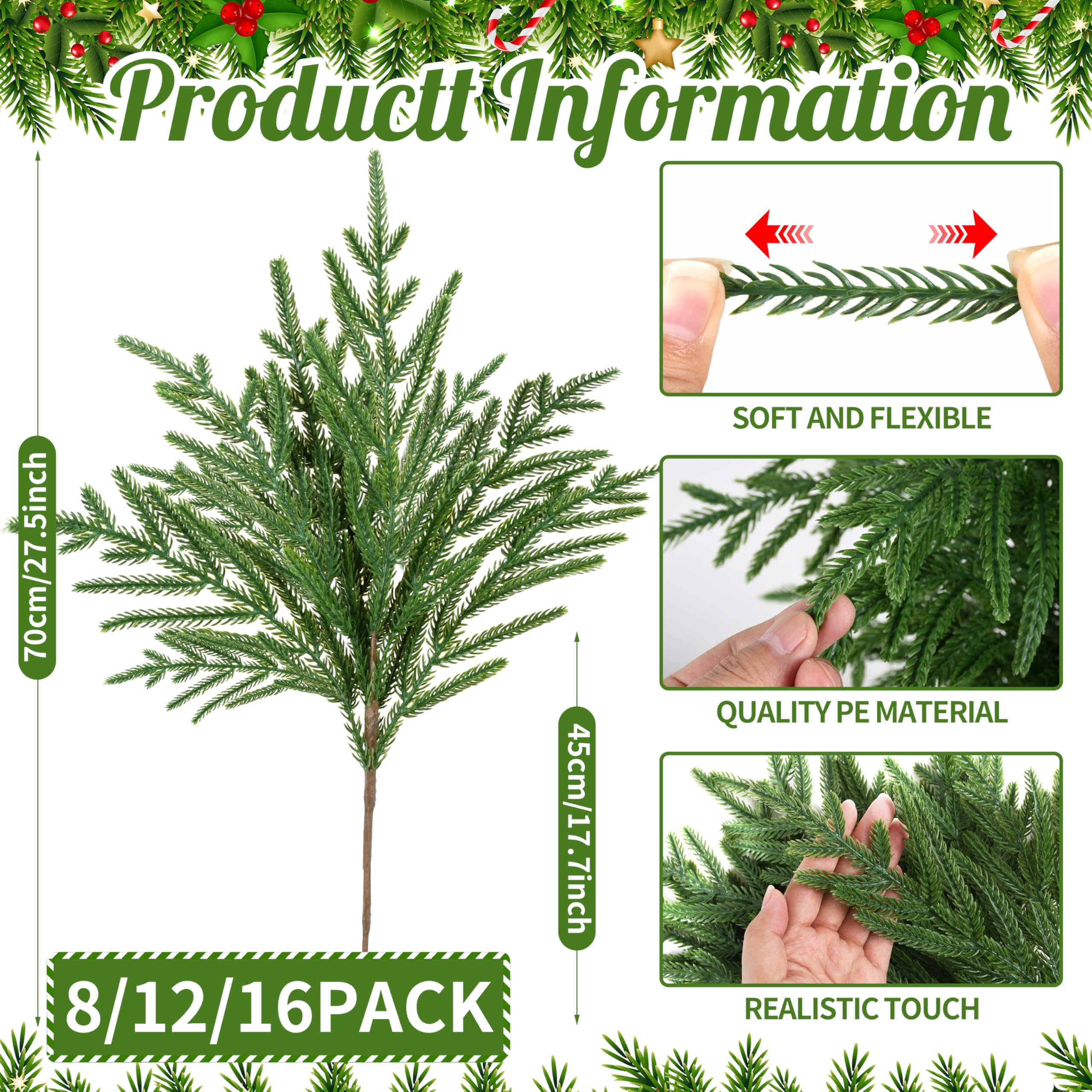 Norfolk-Kiefernzweige für Weihnachten, 81,3 cm, künstliche Weihnachtsstiele, künstliche Grünpflanzen, Zweige für Vasen, DIY-Girlande, Weihnachten, Innen- und Außenbereich, Heimdekoration (16)