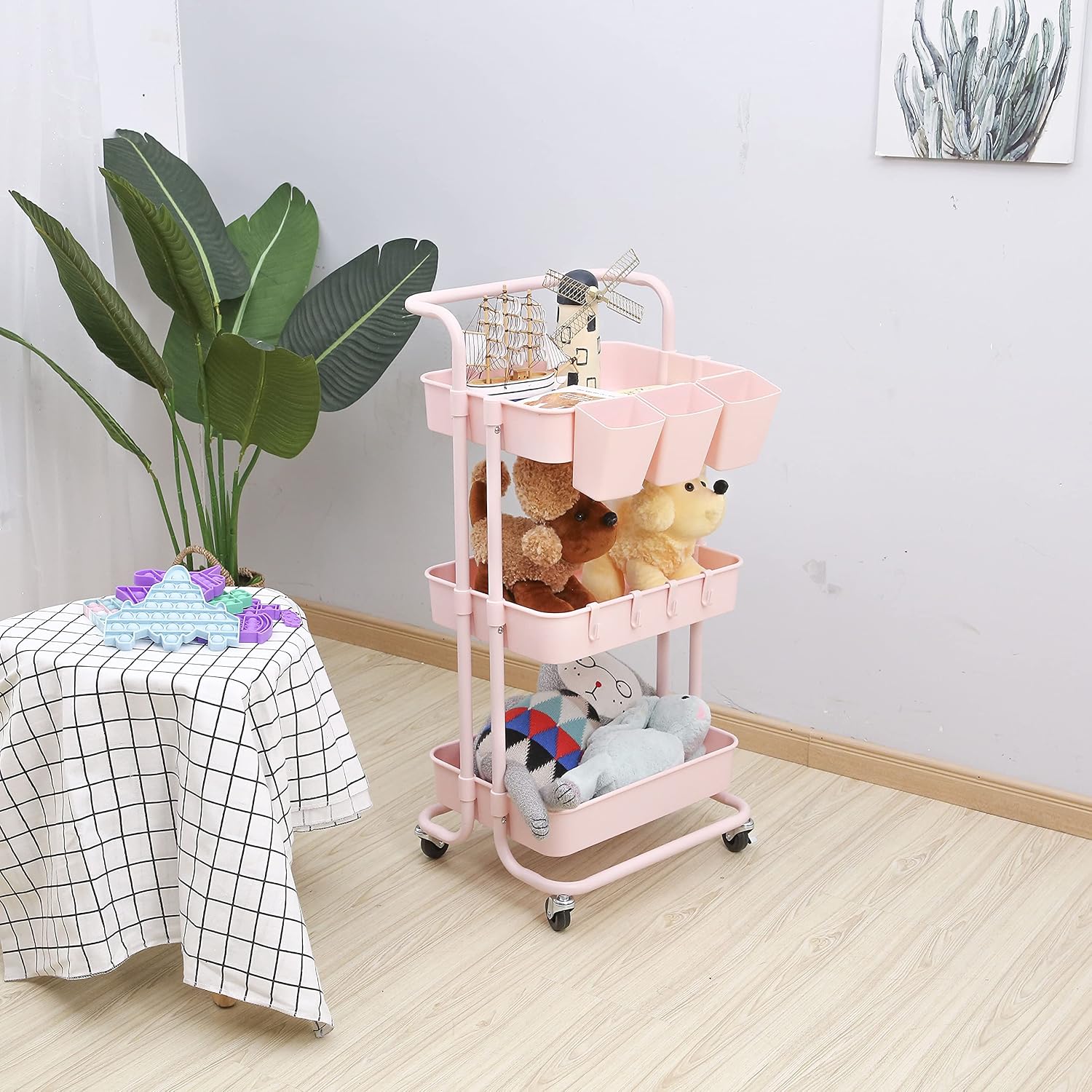 3-Tier Rolling Utility Cart with Hanging Cups & Hooks & Movable Grid&Handle Multifunction Organizer Storage Trolley Service Cart with Wheels,Easy Assembly for Kitchen,Bathroom,Office,Bedroom(Pink)