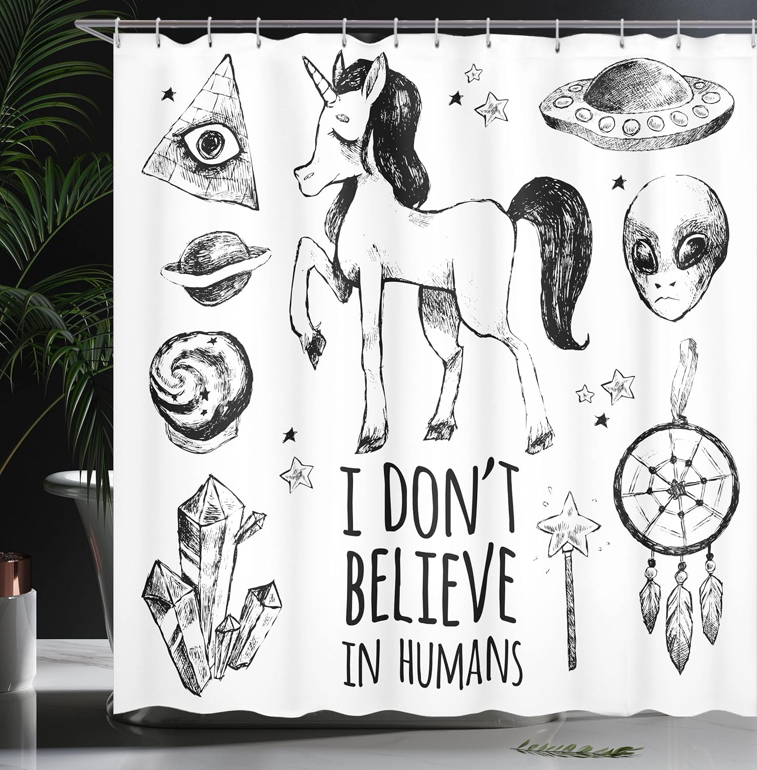 Ambesonne Unicorn Shower Curtain, I Don't Believe in Humans Art with Pyramids Aliens Dreamcatcher Planets Grunge Print, Cloth Fabric Bathroom Decor Set with Hooks, 69" W x 75" L, Black