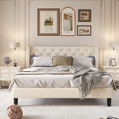 Miniatura 3 de ZeeFu Base de cama con respaldo tapizado, plataforma de terciopelo beige con cabecera capitonada de botón de diamante, listones de madera