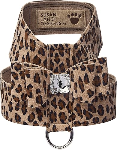 Susan Lanci Designs Arnés prémium Ultrasuede Big Bow Tinkie, guepardo, mediano