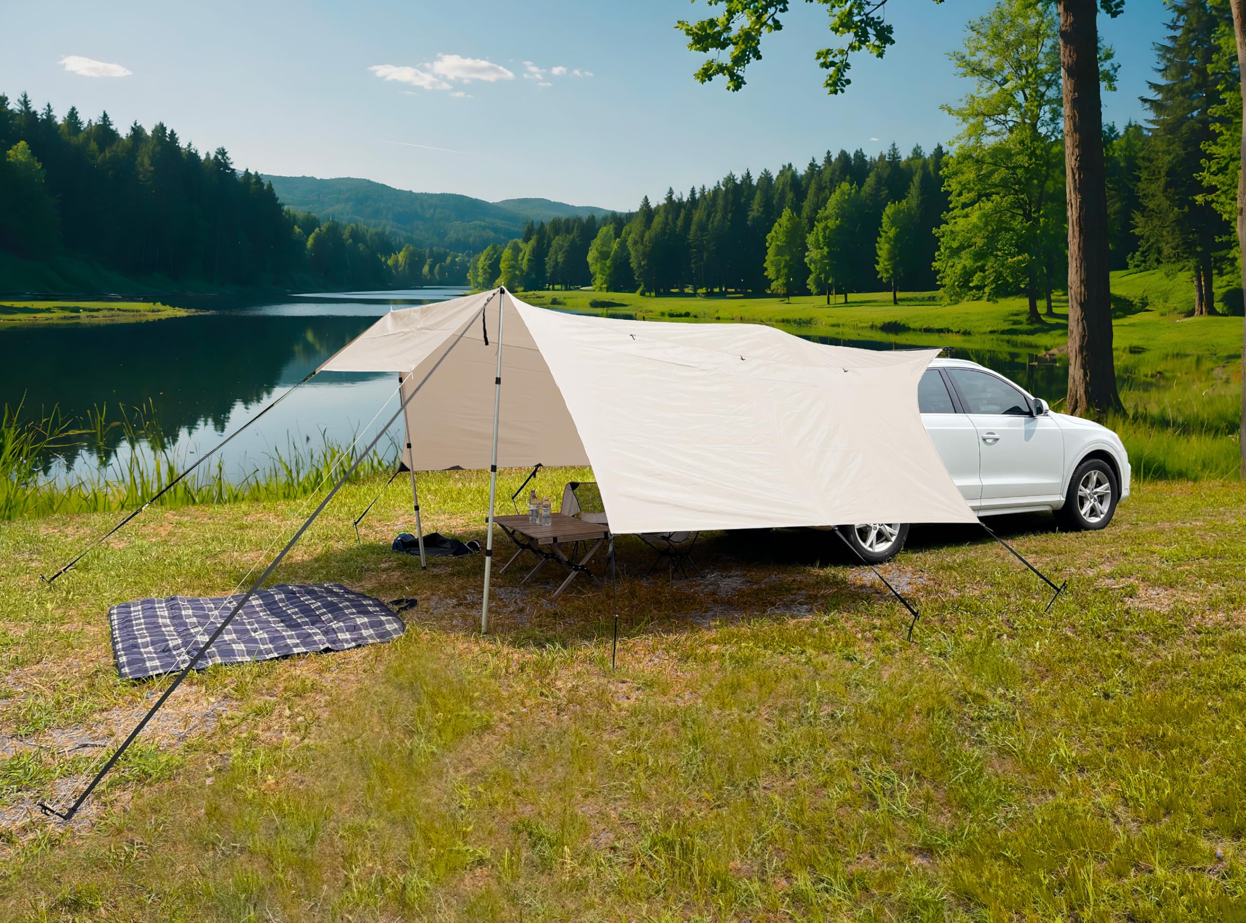 CampAir Auto Vorzelt Markise mit UV50+, Sonnensegel mit Keder für SUV, PKW, Vans und Campingbusse, 2000mm WS, inkl. Teleskopstangen und Dachträger, schwarz, 6kg | UV50+, 2000 mm Wassersäule, 300D Oxford-Polyester, Höhenverstellbar 94-237 cm, inkl. Abspann