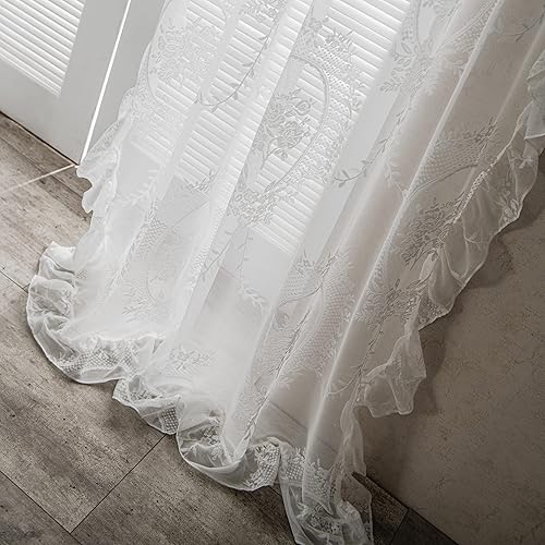 Miniatura 3 de Sutuo Home Juego de 2 cortinas de encaje blanco de 96 pulgadas de largo, paneles transparentes con bordado floral de rosas, par de ventana de gasa