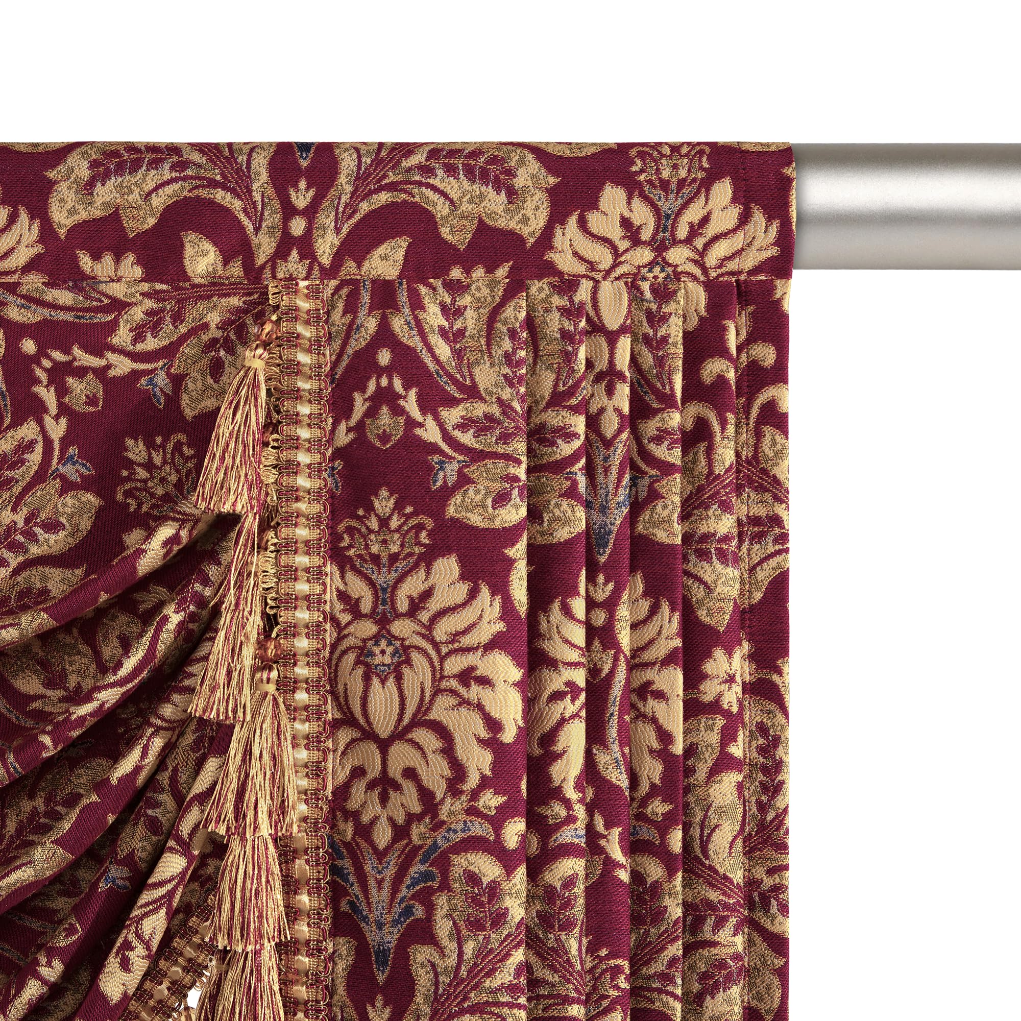 Rideaux Cantonnière Cascade pour Fenêtres, Cantonnière Damassés à Franges, Rideaux Courts pour Chambre Salon Cuisine Café (Largeur 200cm, Rouge & Jaune)
