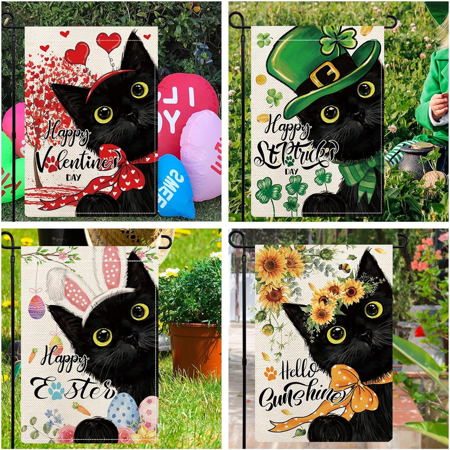 Black Cat Garden Flags for Outside Set of 12, Kitten Welcome Seasonal Garden Flags 12x18 Double Sided for All Seasons and Holidays, Fall Halloween Winter Christmas Yard Flag for Outdoor Decor - Image 2