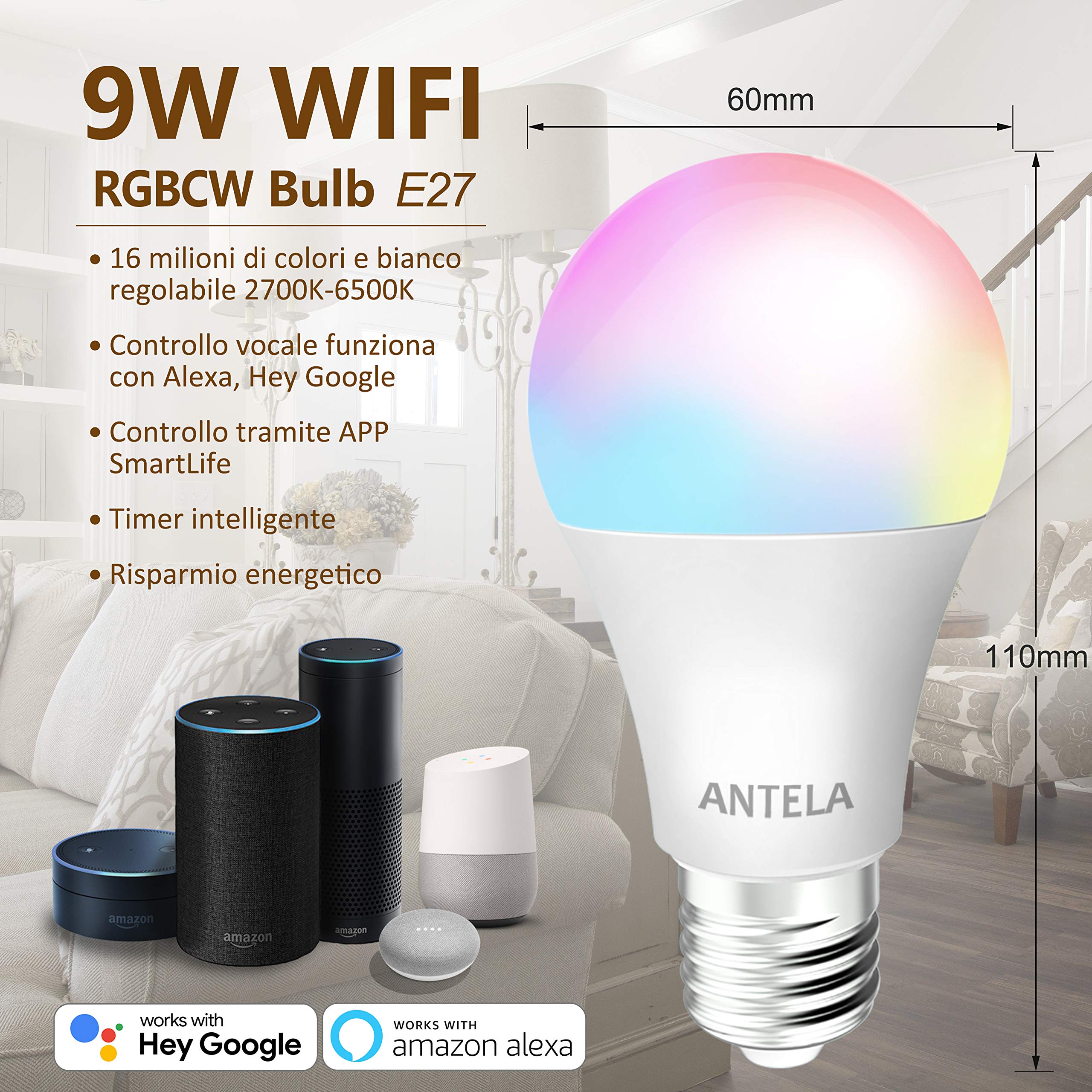 Ampoule Connectée Wifi E27 ANTELA - 1 Pièce, Contrôle Smartphone, Blanc Chaud/Froid, Compatible Alexa/Google Home