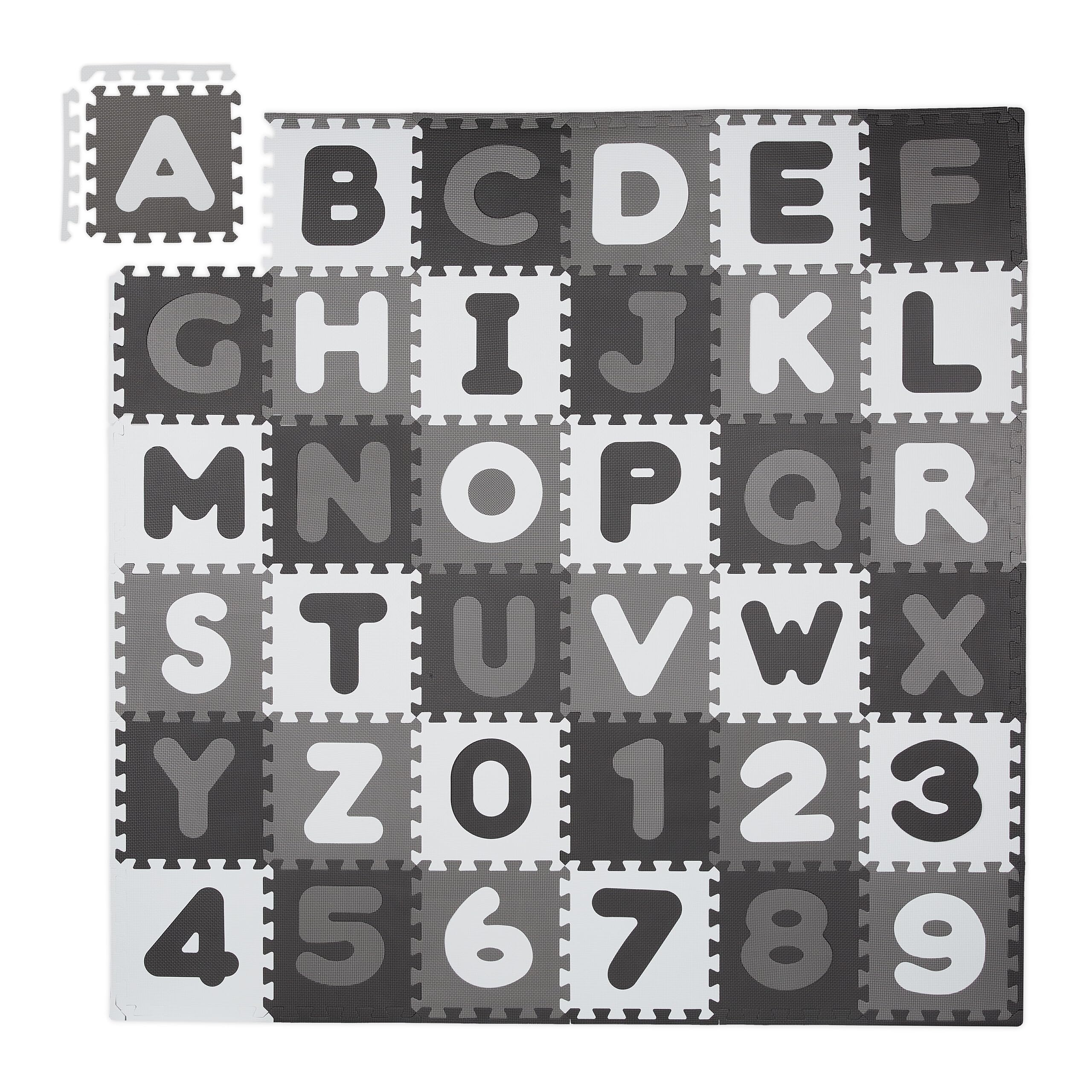 Relaxdays Puzzle Mat ABC and Numbers Alfombra Puzle Bebé Abecedario y Números, 60 Piezas, 172x172cm, Bordes, Goma Espuma, Sin Tóxicos, Blanco/Negro