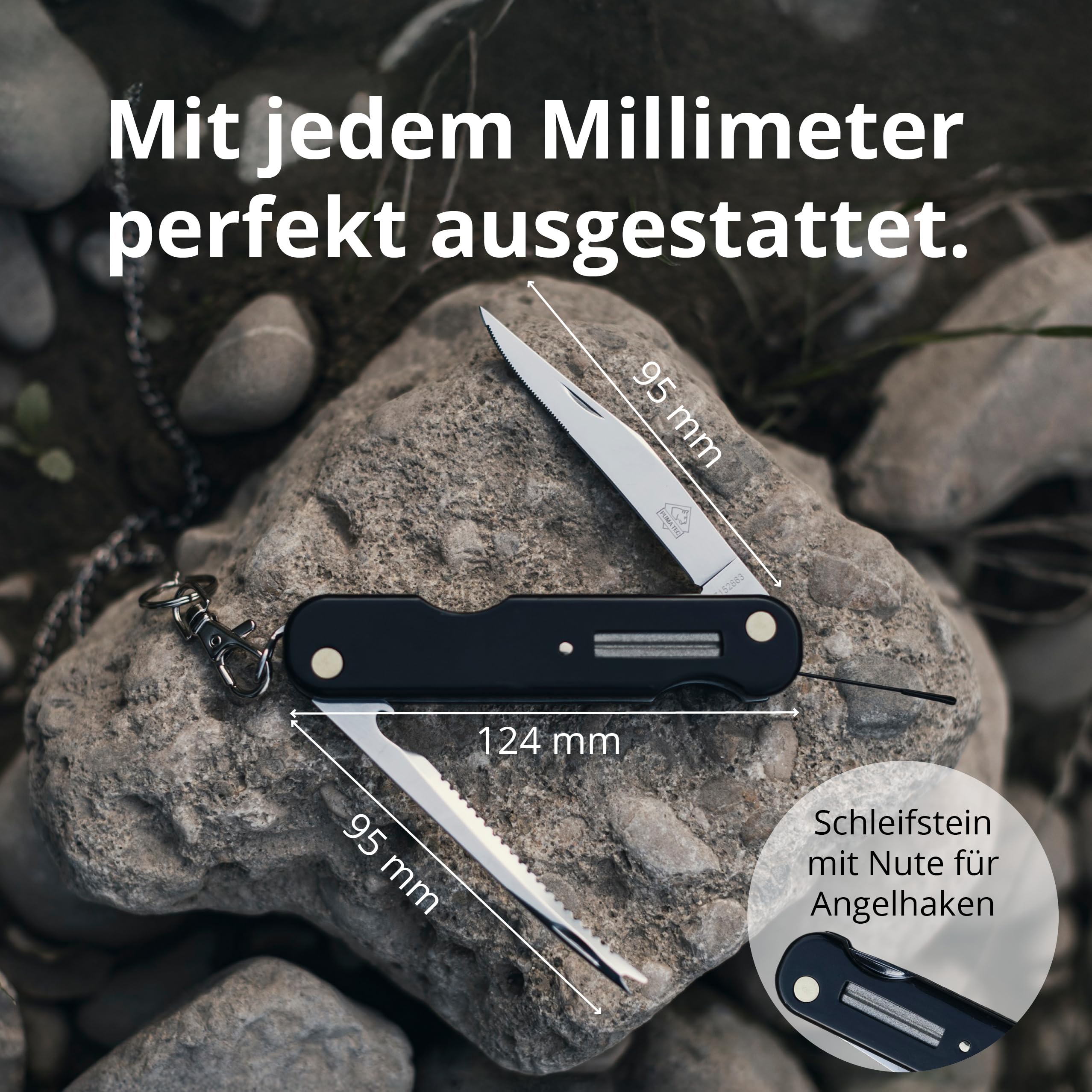 PUMA TEC - Universal Anglermesser 863 – Klappmesser für Angler mit 95 mm Klinge, 2,5 mm stark – Slip-Joint Arretierung – Schuppenschaber mit Hakenlöser & Flaschenöffner – mit Ködernadel & Schleifstein