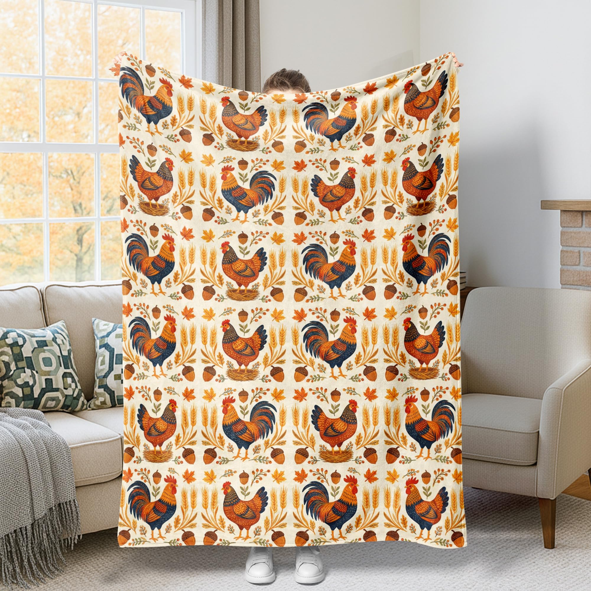 Couverture plaid coq rustique blé orange 152x203 cm pour lit et canapé