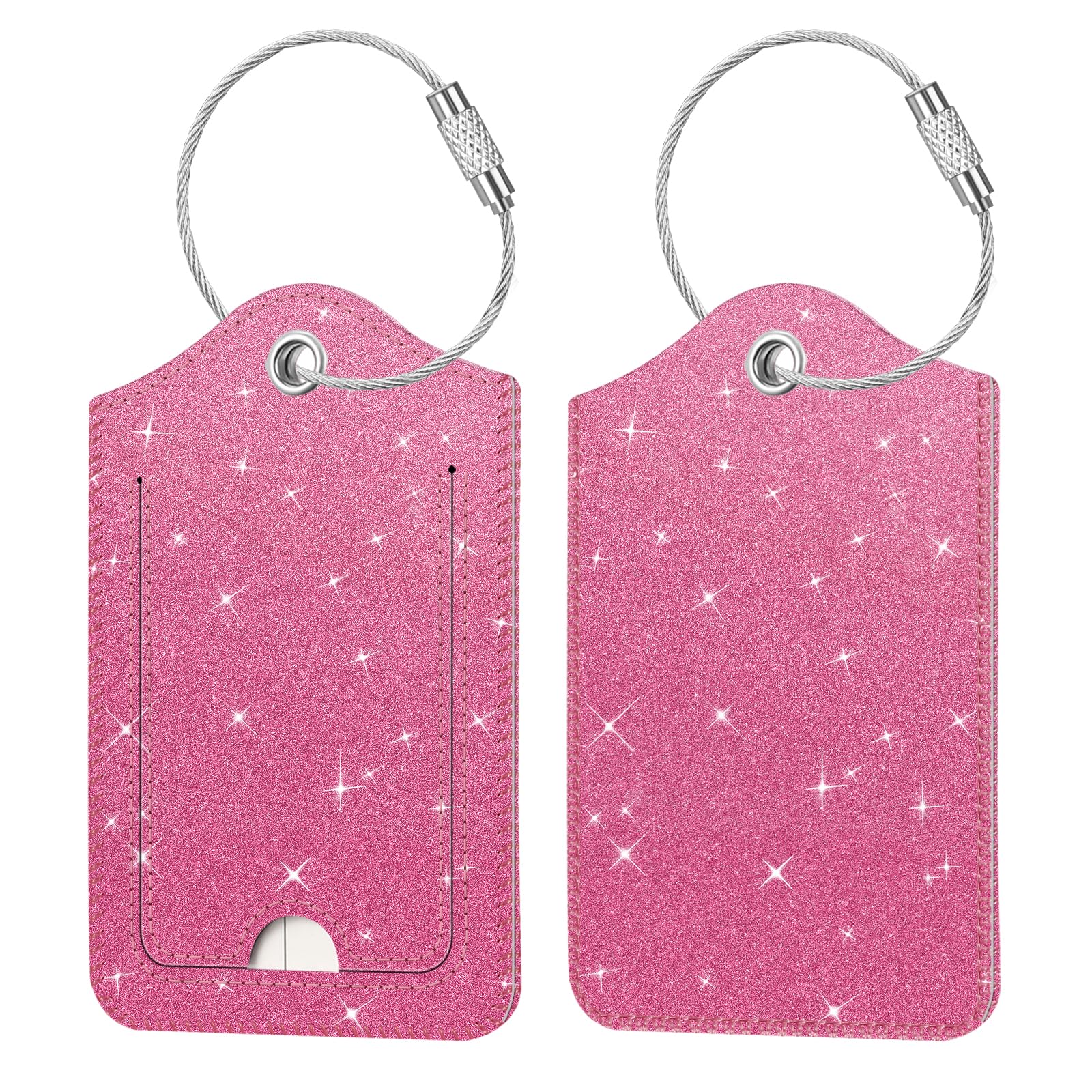 [2 Stück] Fintie Kofferanhänger mit Adressschild, Kunstleder Gepäckanhänger ID Etikett mit Edelstahl Drahtseil und Namenschild für Reisetasche Koffer, Glitzerndes Rosa