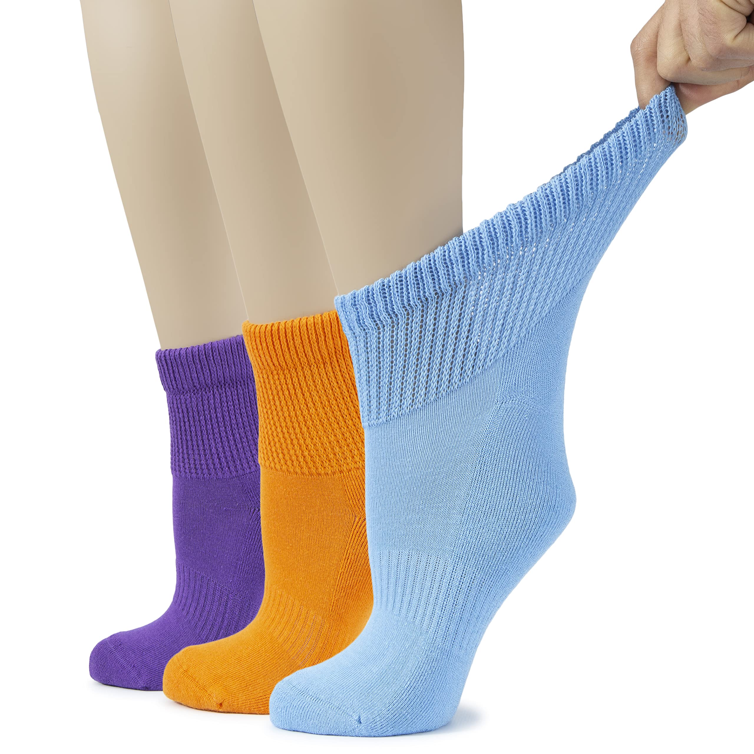 Hugh Ugoli Women's Cotton Diabetic Ankle Socks, Wide, Loose & Stretchy, Seamless Toe & Non Binding Top, Semi Cushion, 3 Pairs