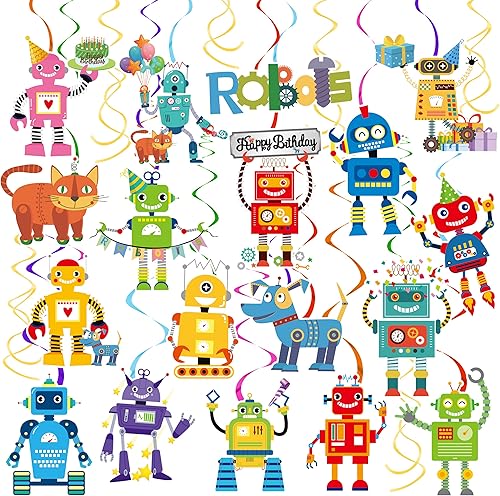 20 piezas de robot, decoración de fiesta de cumpleaños, robot para colgar, remolinos colgantes para niños, decoración de cumpleaños, equipo de