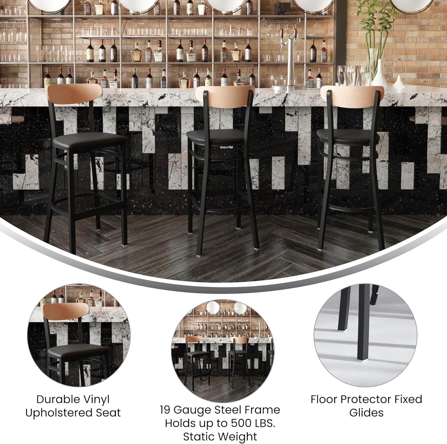 EMMA + OLIVER Yara Industrial Stool - Black Padded Vinyl Seat - Powder Coated Steel Frame - Wood Backrest - Floor Glides - 500 lb. Static Weight Capacity - Set of 2