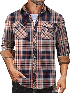 COOFANDY Men's Fall Plaid Button Down Shirt Long Sleeve Casual Cowboy Work Shirts Lightweight