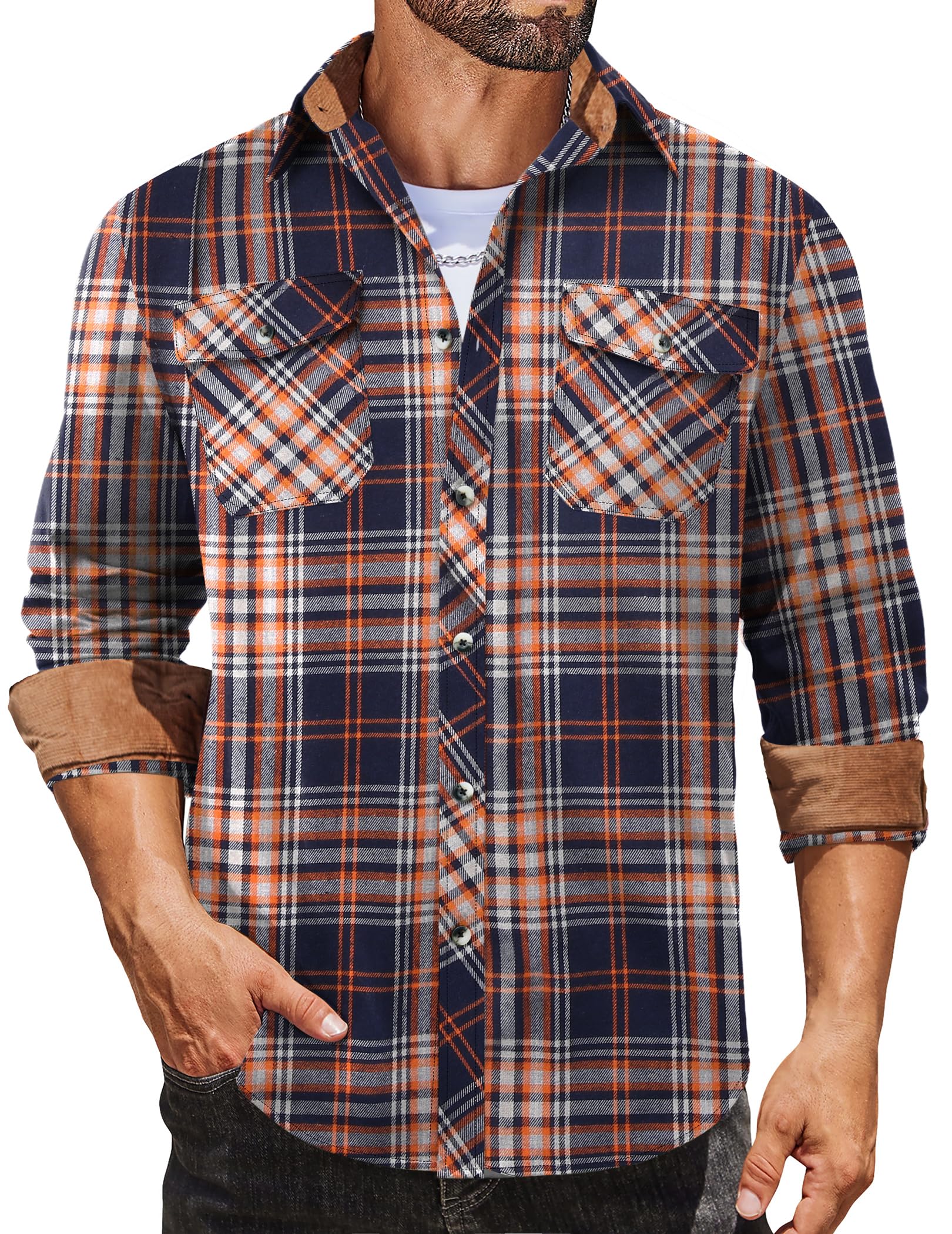 COOFANDY Camicia da uomo autunnale a quadri con bottoni a maniche lunghe casual da lavoro da cowboy camicie in flanella leggera con due tasche