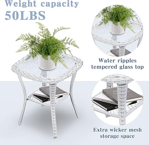Miniatura 8 de Belord Mesa auxiliar pequeña de mimbre de vidrio templado, mesa auxiliar impermeable para patio, mesa auxiliar de ratán con almacenamiento, color