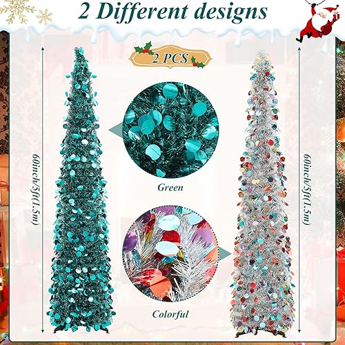 Miniatura 2 de Shappy 2 árboles de Navidad plegables de 5 pies, árbol de Navidad artificial de oropel para decoración del hogar, oficina, interior, dormitorio,