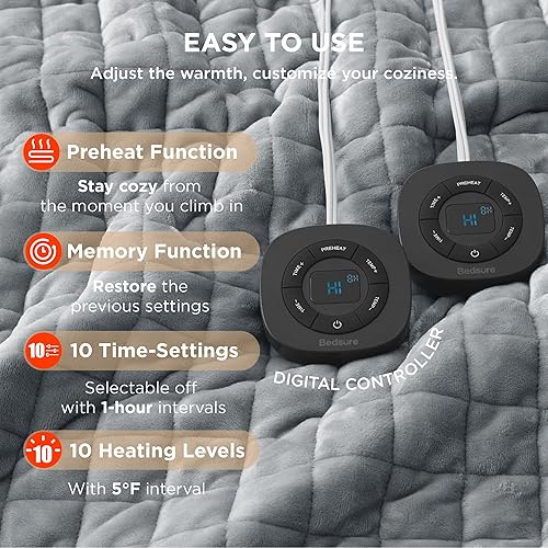 Vista 203 de Bedsure - Manta eléctrica tamaño matrimonial; térmica, de franela suave, calentamiento rápido, 10 ajustes de tiempo y 6 ajustes de calor; regalo 01
