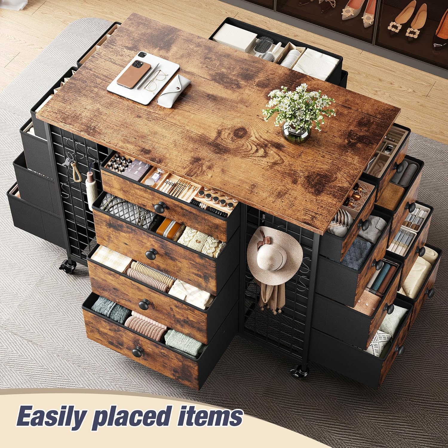 EnHomee 24-Drawer Dresser with drawers open, showing organized items