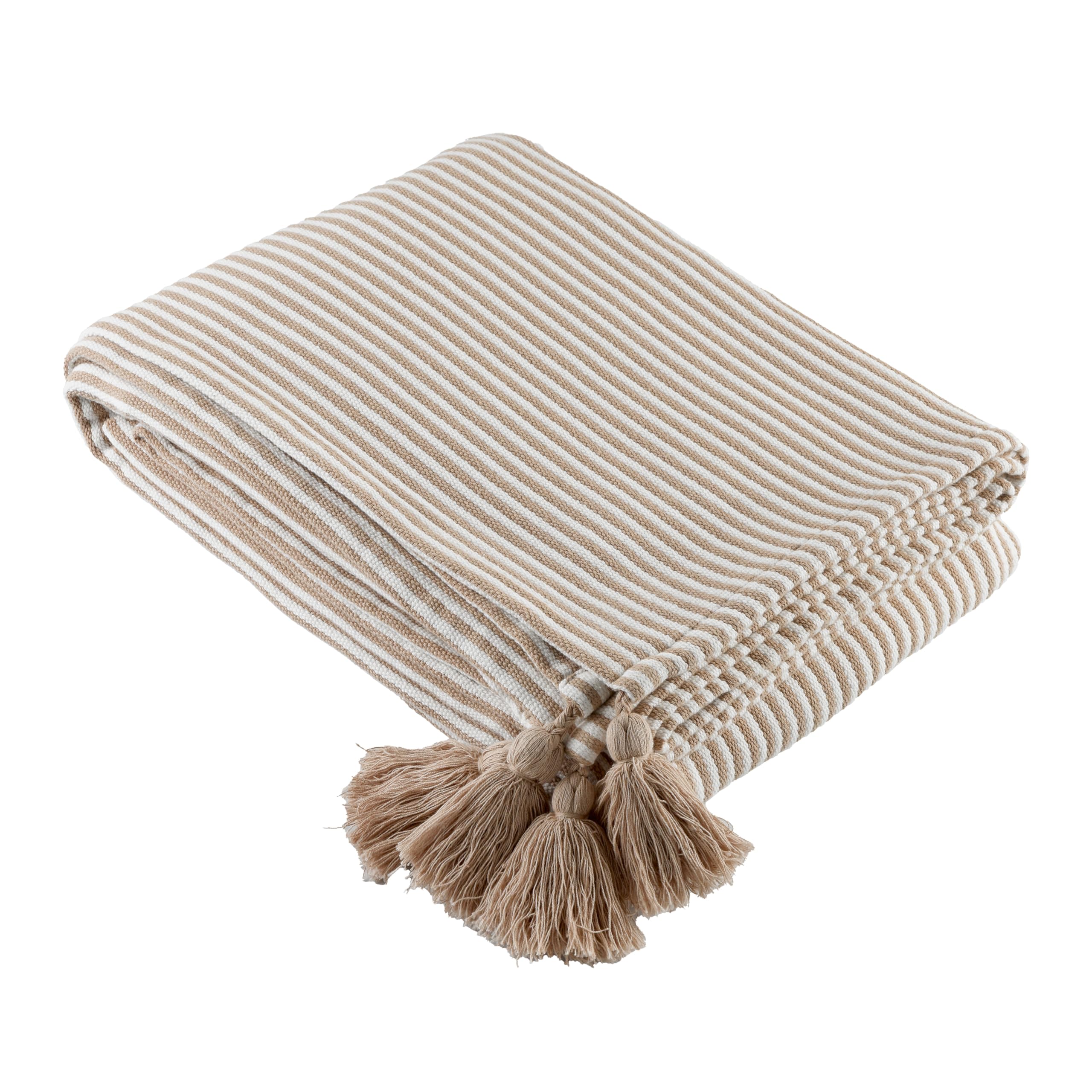 LINDER Plaid 100% Coton à Rayures colorées Qui Invite à la détente - 100% Coton - Coloris Beige Ficelle - Inspiration foutas de Plage - Finition Pompon - Dimensions 140x200cm - Collection Faros