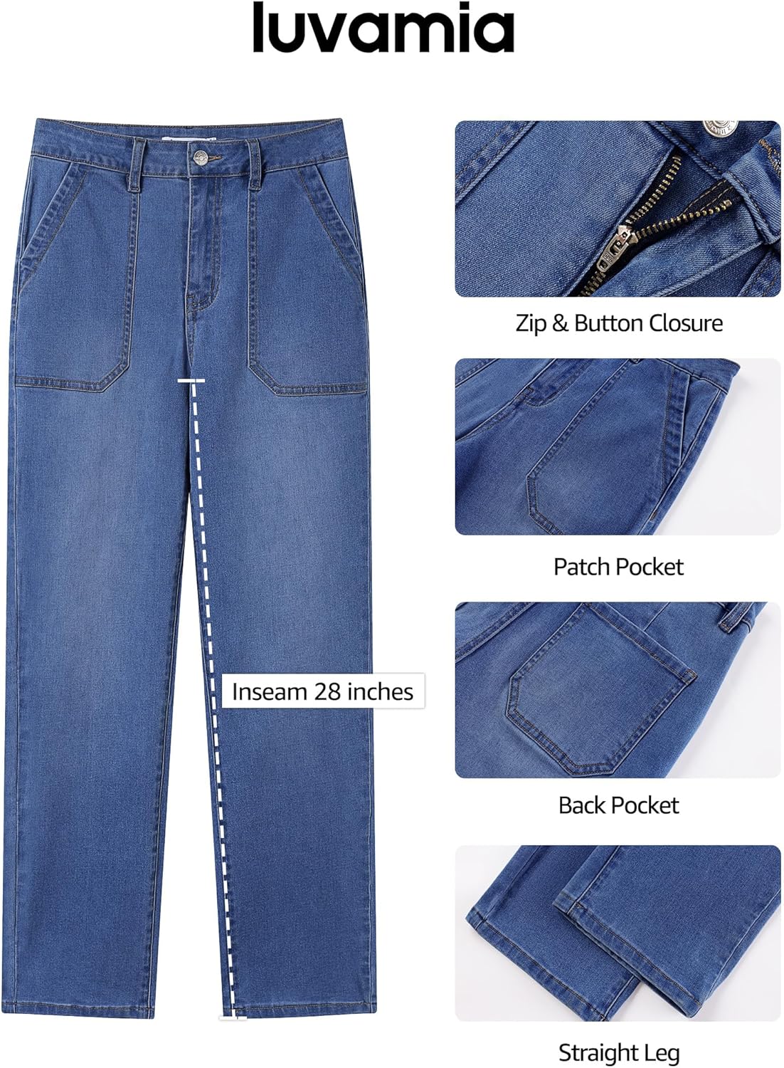 luvamia Straight Leg Jeans for Women Trendy High Waisted Stretchy Denim Pants Ankle Length Patch Pocket Trouser Jeans - Image 4