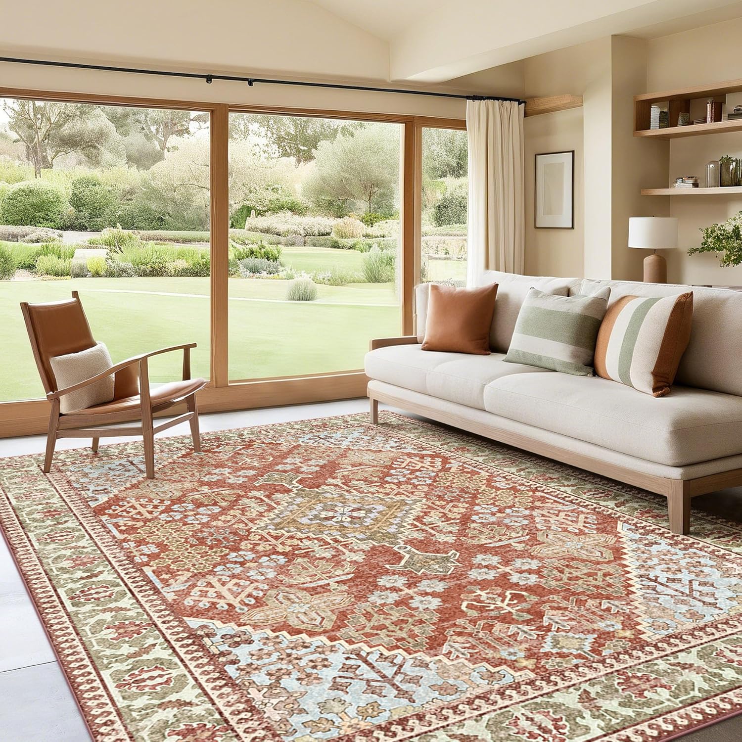 Kokia 8x10 Area Rugs for Living Room, Stain Resistant Machine Washable Rug, Non Slip Backing Boho Rugs for Bedroom, Printed Soft Vintage Carpet Orange 8 x 10