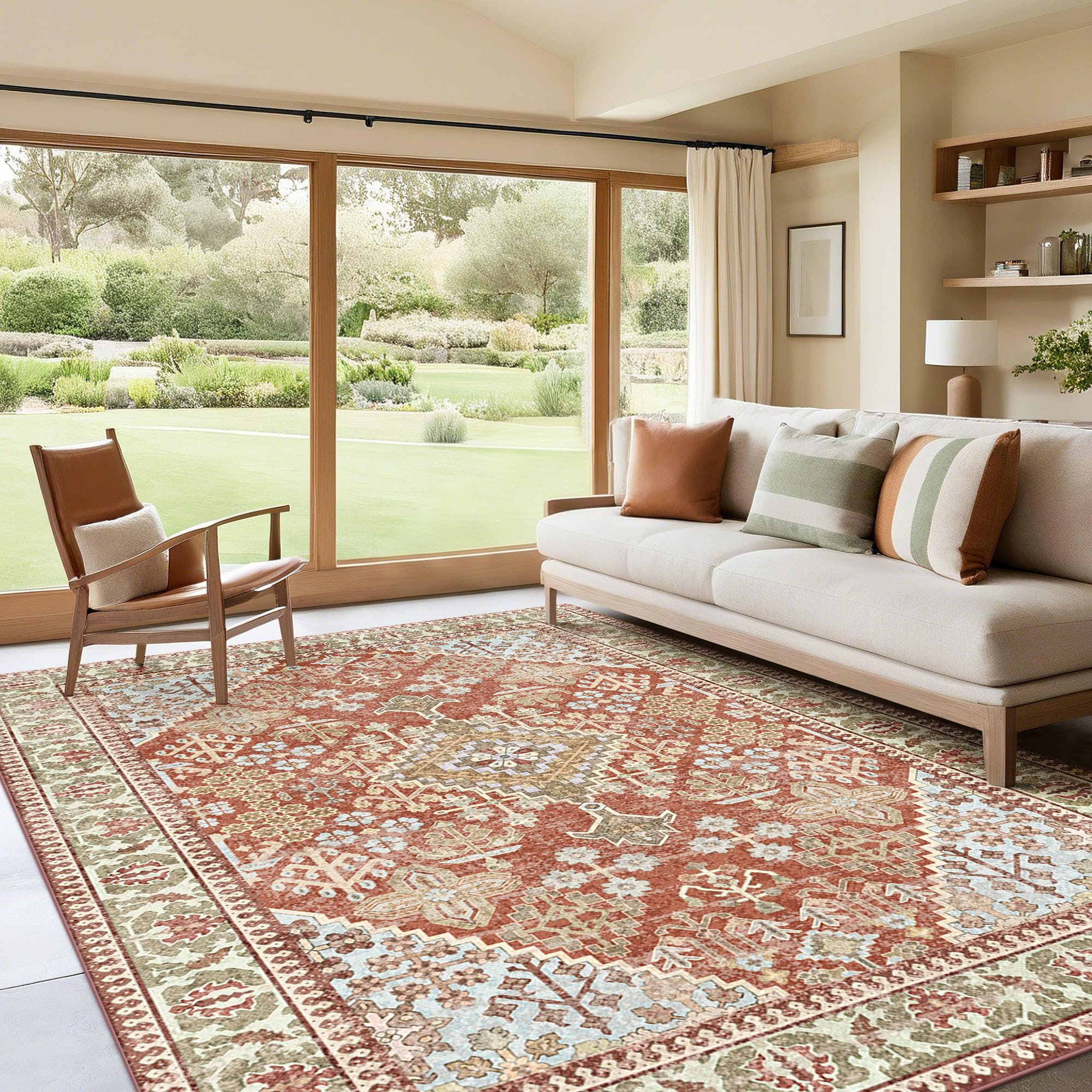 Kokia 8x10 Boho Machine Washable Low Pile Area Rugs for Living Room Orange
