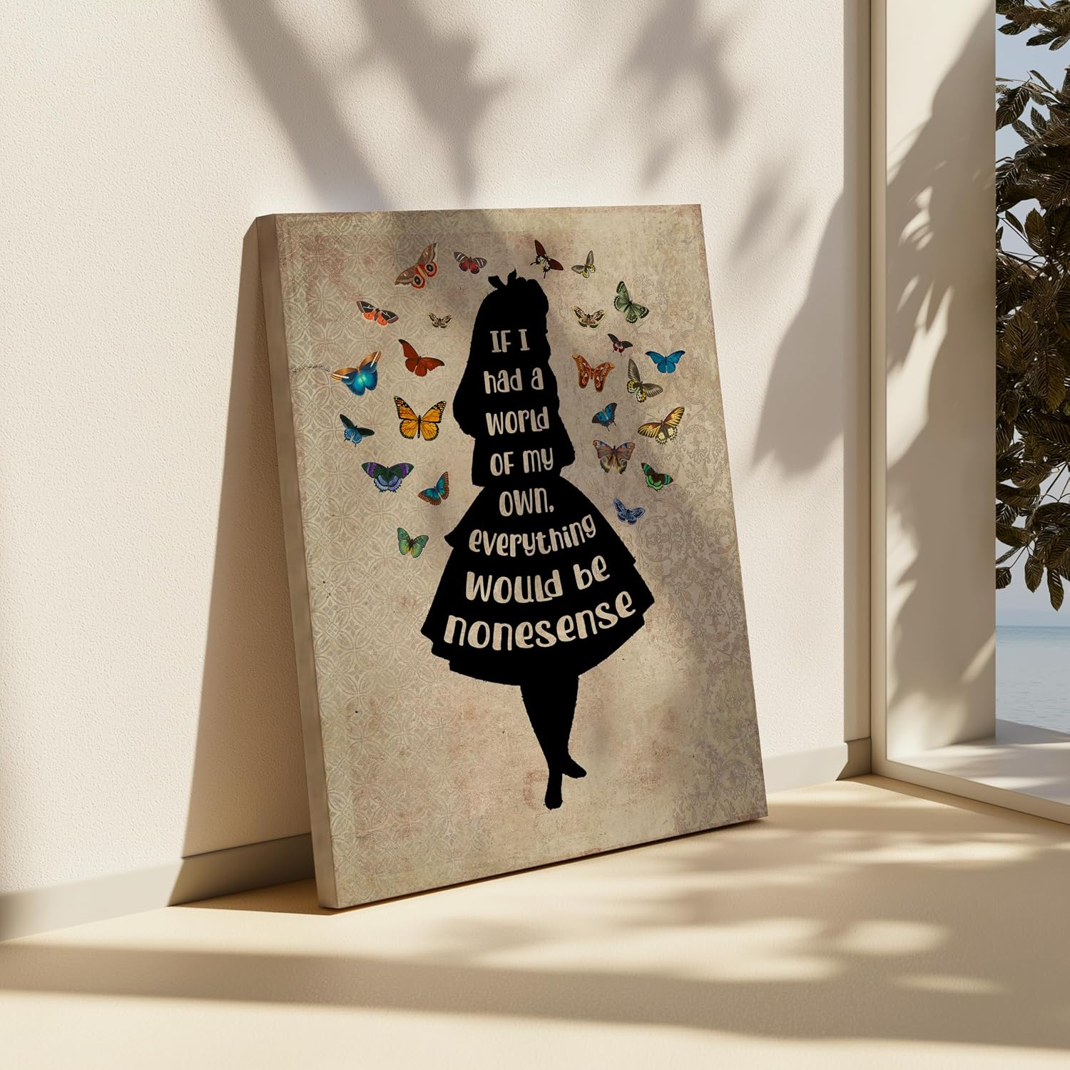 Poster Master Alice Wonderland Silhouette Canvas - If I Had A World Of My Own Print - Butterfly Art - Gift for Lady, Girl - Rustic Wall Decor for Bedroom, Girl's Room - 8x10 STRETCHED Canvas