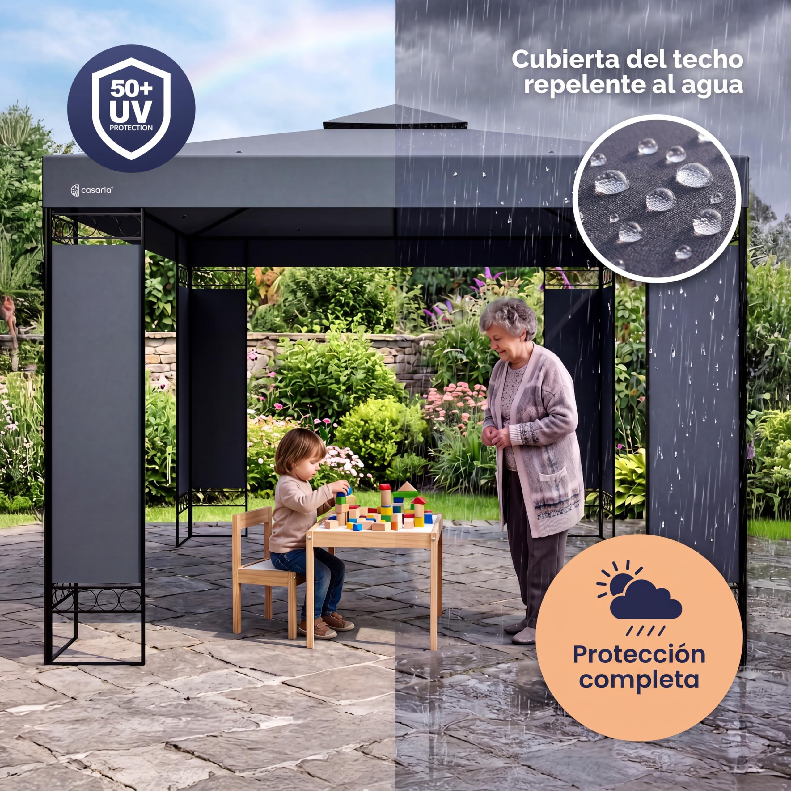 Casaria Cenador Lorca Jardín 3x3m Pabellón Pérgola Carpa Protec. UV 50+ Repele Agua Doble Techo