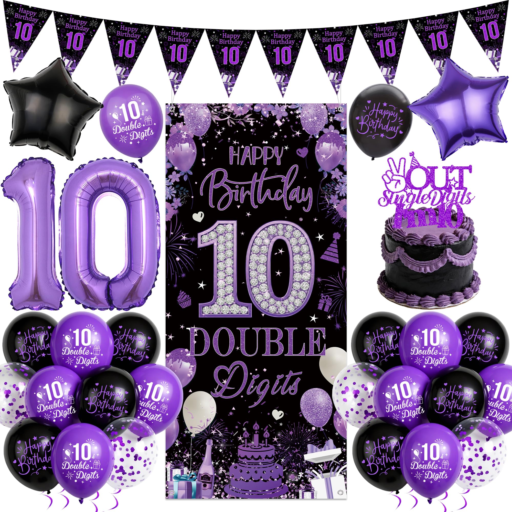 10th Birthday Decorations for Boys Girls - Purple Happy 10th Birthday Banner and Pennant Flags, Star Number 10 Foil Balloons and Cake Topper for 10 Years Old Children Party Supplies
