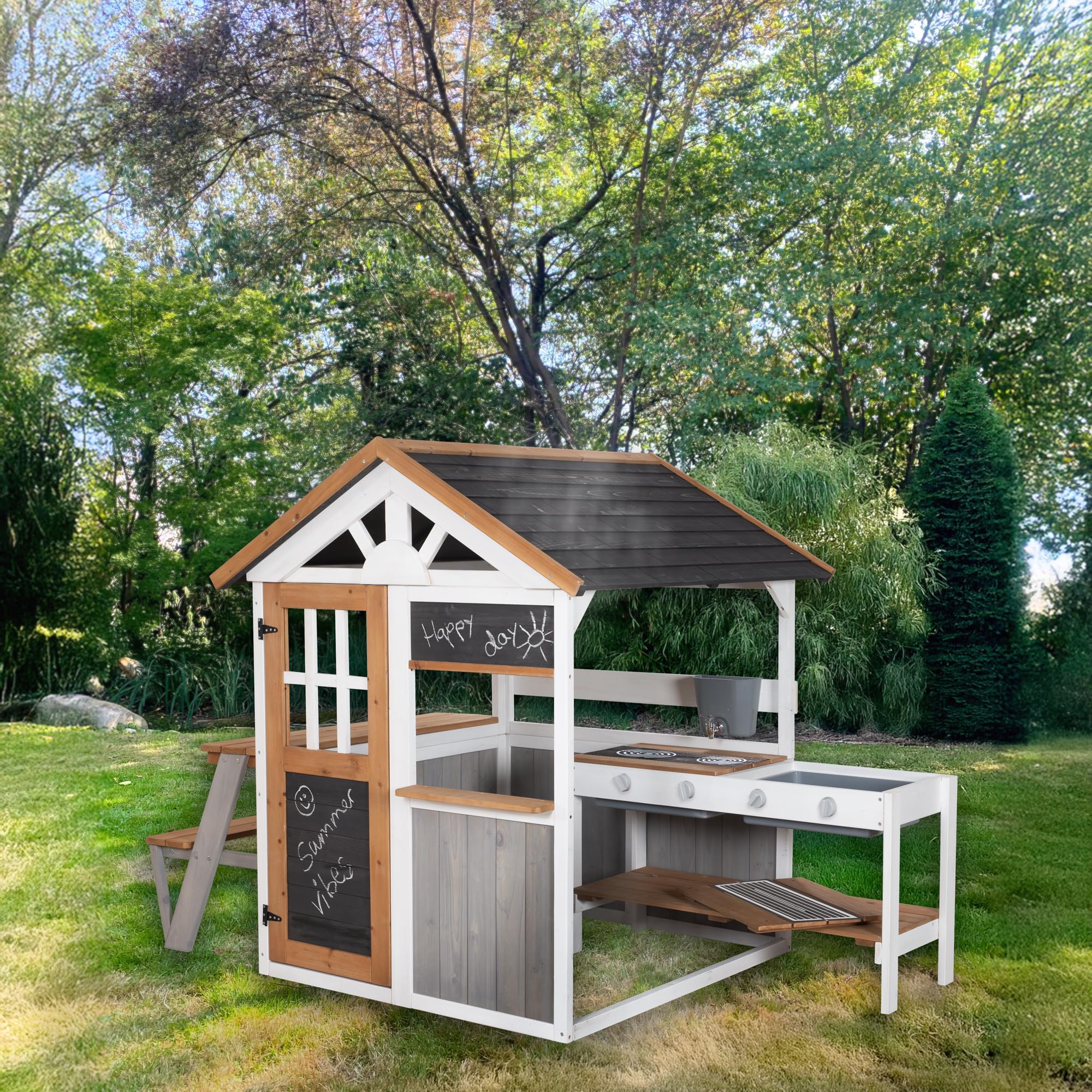 roba Casa de Juegos de jardín de Madera – Incluye Cocina de Juegos con fogones + Mesa de Picnic y Banco para niños – Casa de Juegos Impermeable con Puesto de Venta – Multicolor