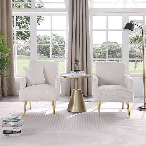 Miniatura 24 de Juego de 2 sillas decorativas de tela, juego de 2 sillas con brazos con mesa auxiliar de madera, sillas de sala de estar con asiento suave para sala