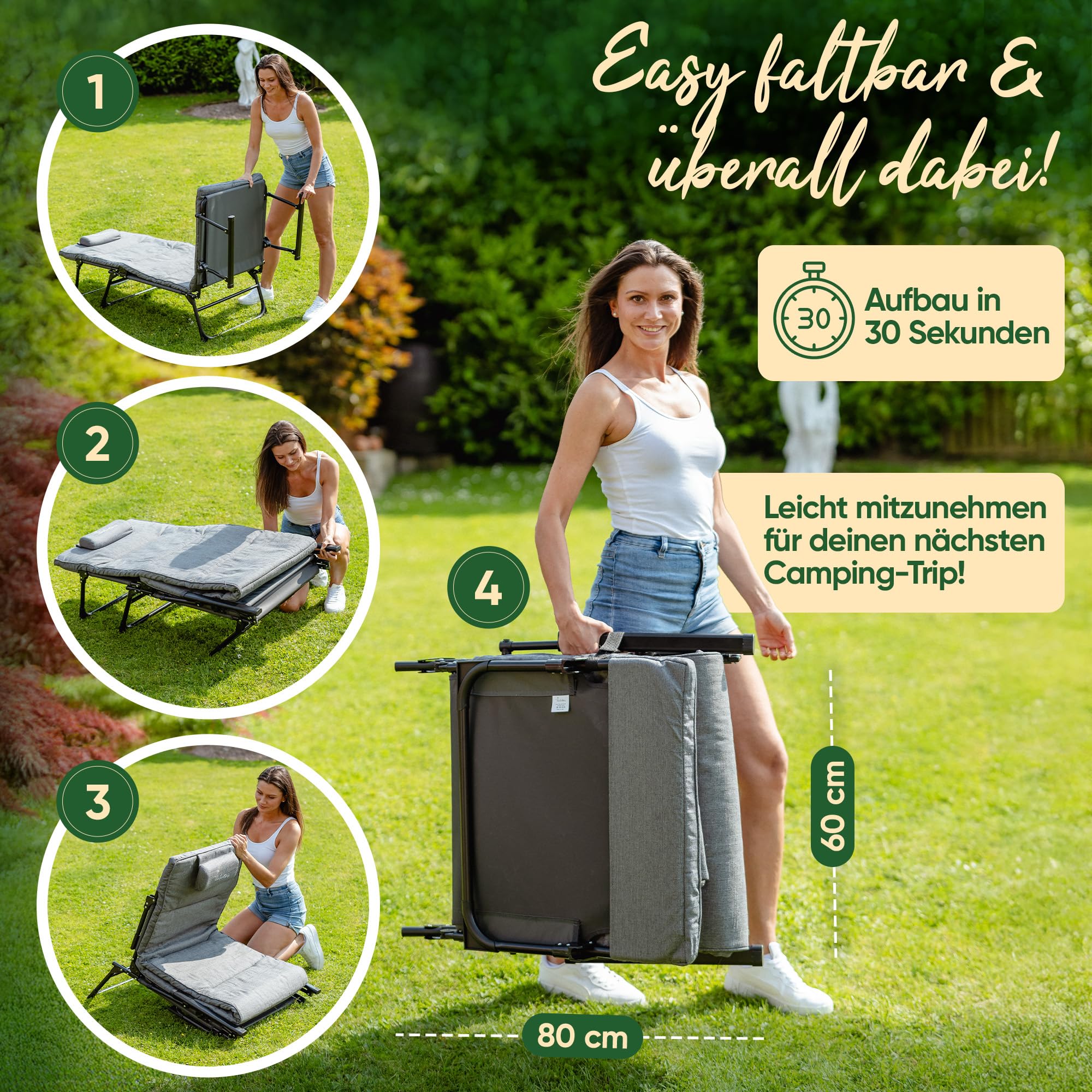 Sonnenliege klappbar [2 in 1 Gartenliege Wetterfest] Stuhlfunktion bis zu 200 KG Belastbar zum Sonnenbaden, Lesen, Entspannen Camping oder Garten