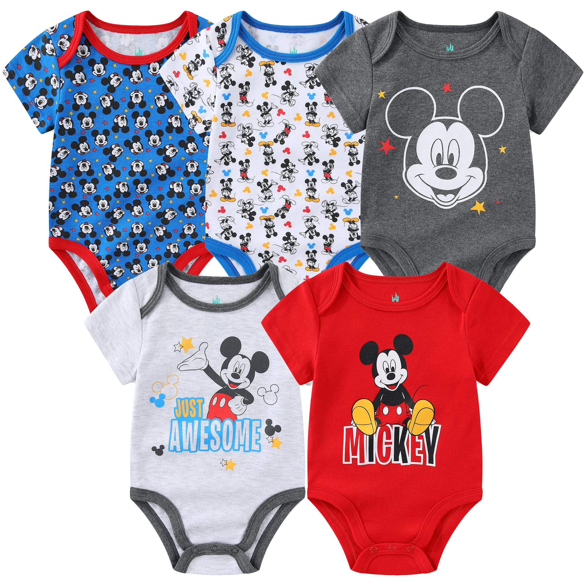 Disney Mickey Mouse Lion King and Winnie the Pooh Baby Boys 5 Pack Bodysuits for Newborn and Infants