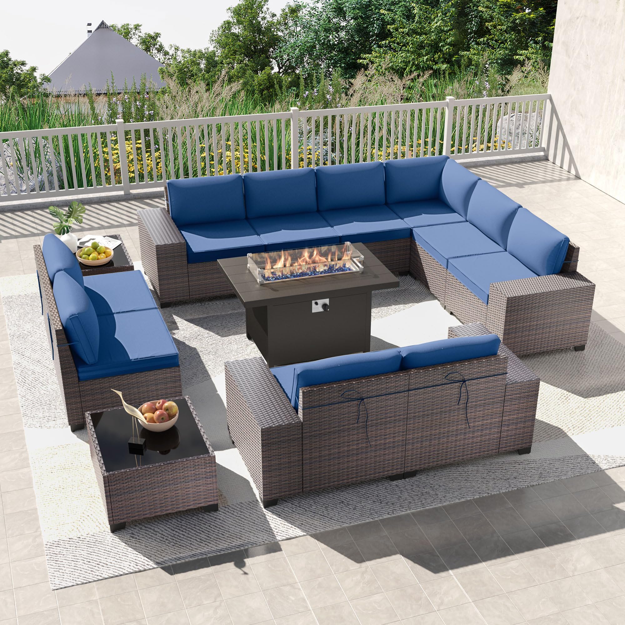 Kullavik 13PCS Outdoor Patio Furniture Set with 43" 55000BTU Gas Propane Fire Pit Table PE Wicker Rattan Sectional Sofa Patio Conversation Sets,Navy Blue