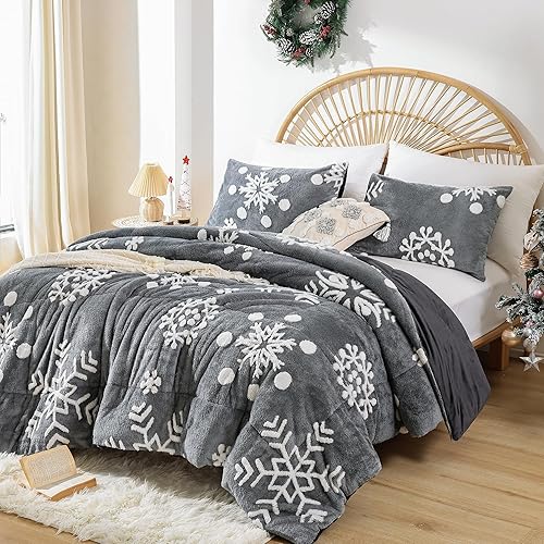Miniatura 2 de JANZAA Juego de edredón de terciopelo gris oscuro con copos de nieve blanco estereoscópico de 3 piezas, tamaño King, suave y esponjoso