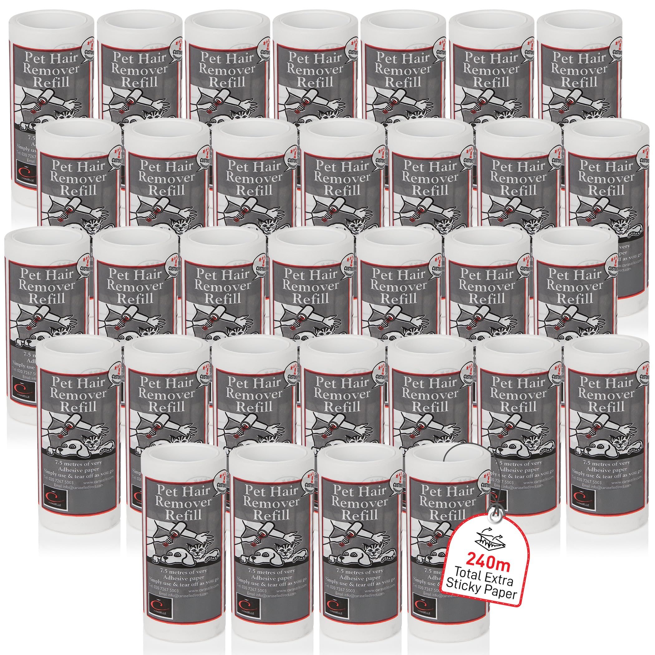 CARASELLE Pet Hair Remover Refill - 240m total (≈2400 Sheets Equivalent) Super Adhesive Picks up Lint, Hair & Debris! Multi-Purpose Dog Cat Hair Lint Roller also for Cleaning Clothes & Washing Machine
