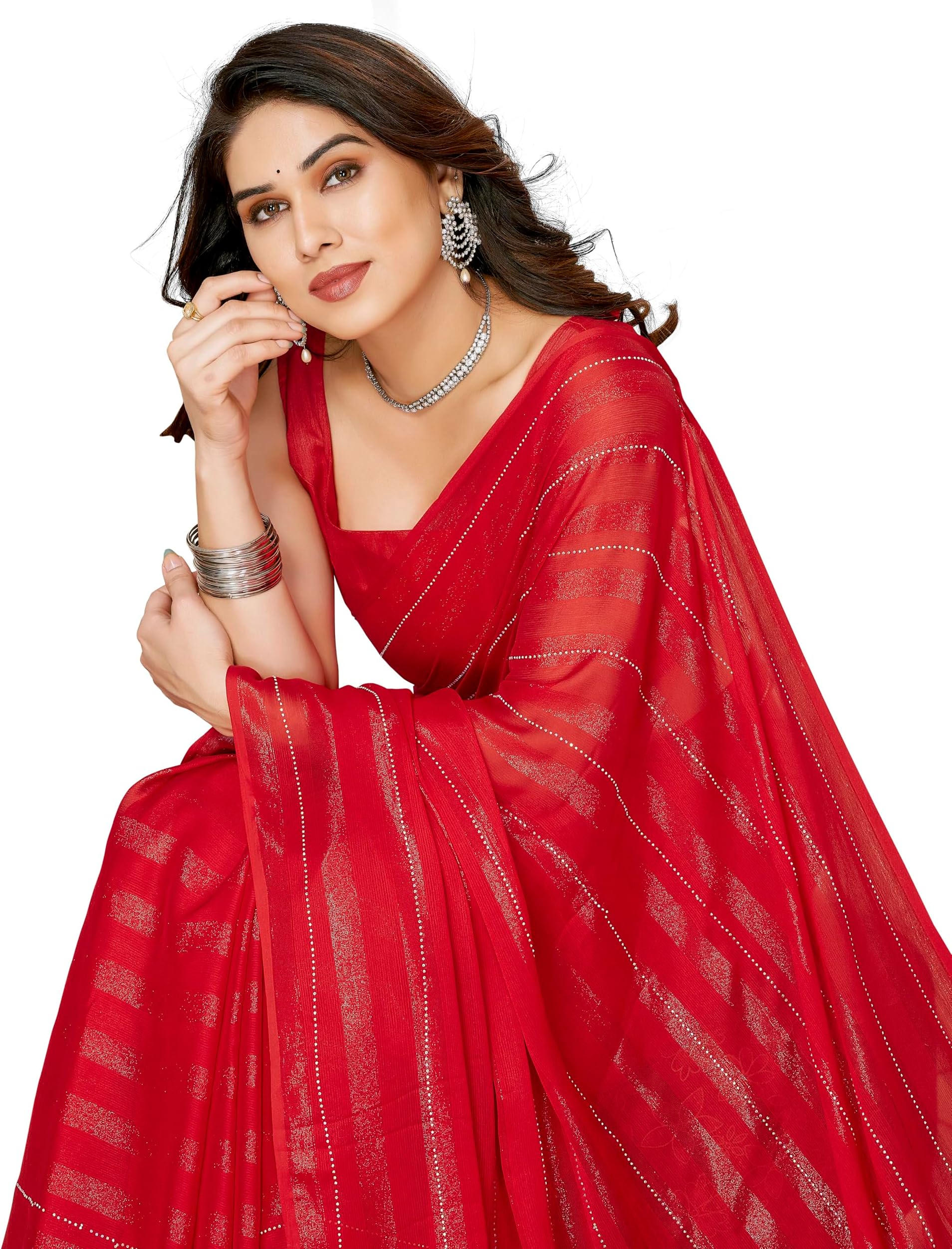 Women Soft Rimzim Silk Striped Pattern Ready To Wear Embroidery Saree (2055)
