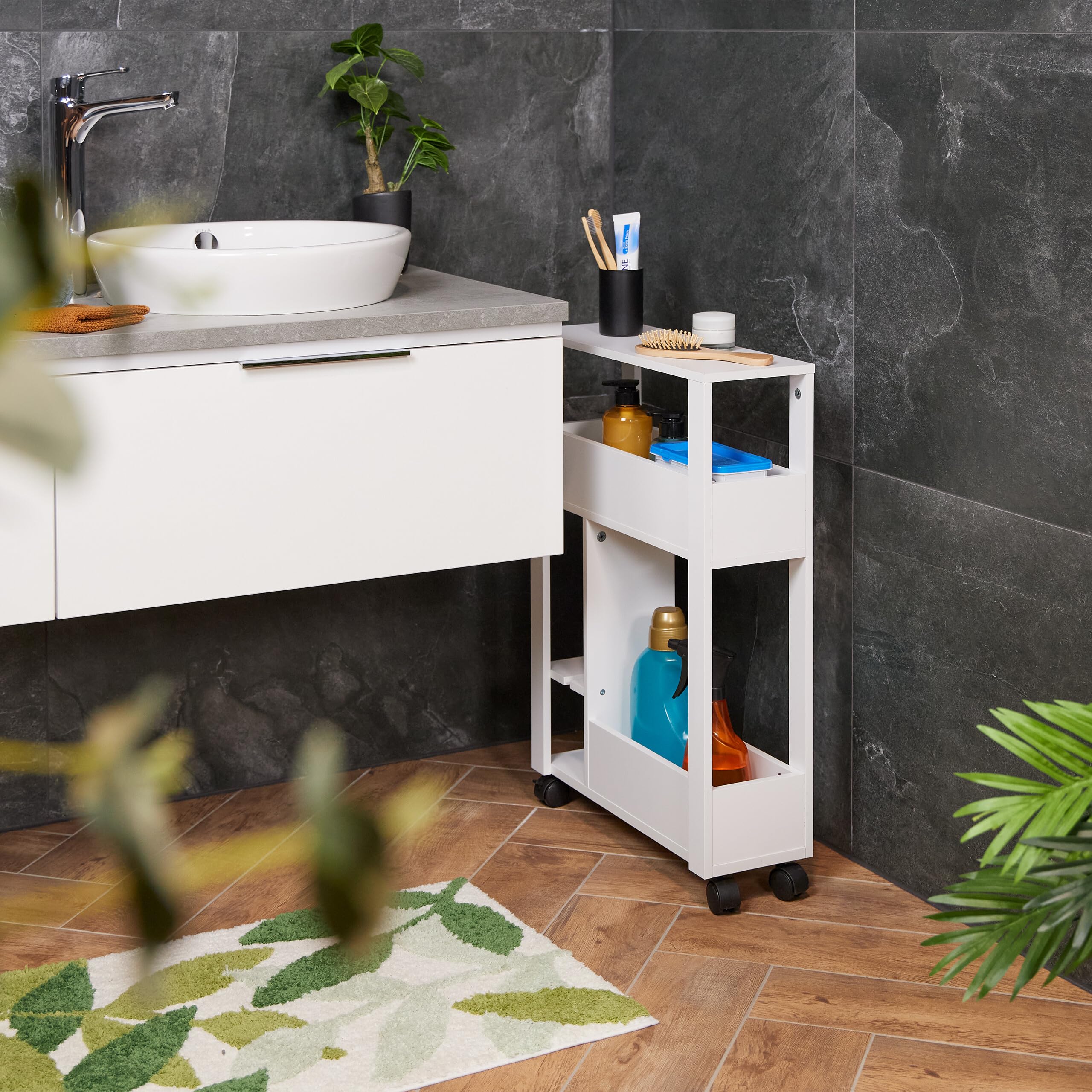 Relaxdays Meuble de Rangement, 2 Compartiments Ouverts, Emplacement pour la Brosse WC, HLP 71,5 x 17 x 50 cm, Blanc