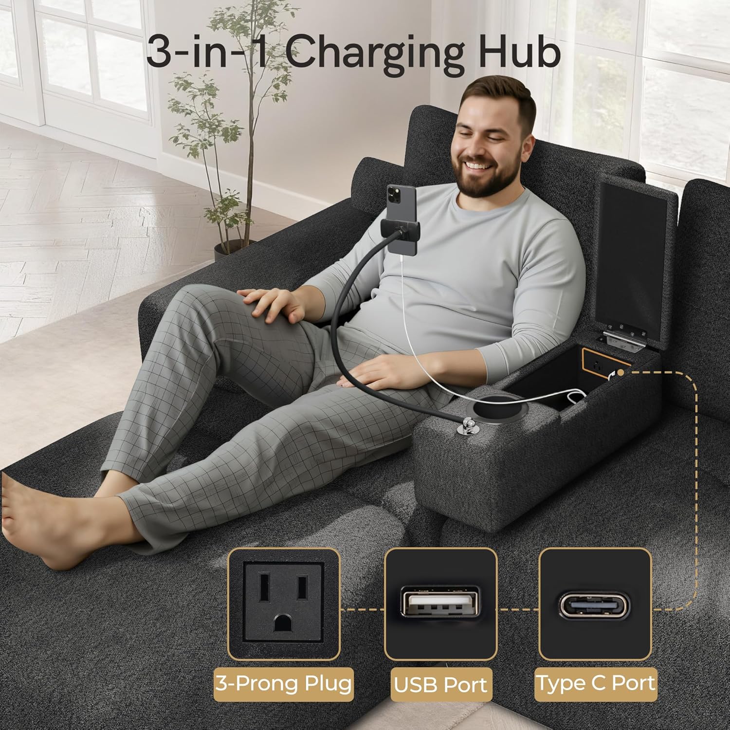 Multifunctional Couch Caddy Sofa Armrest with Couch Cup Holder, Charging Console, Phone Holder, Storage 20.3'' Removable Dark Grey Chenille Sofa Arm Rest Caddy Organizer for Sofas Couches