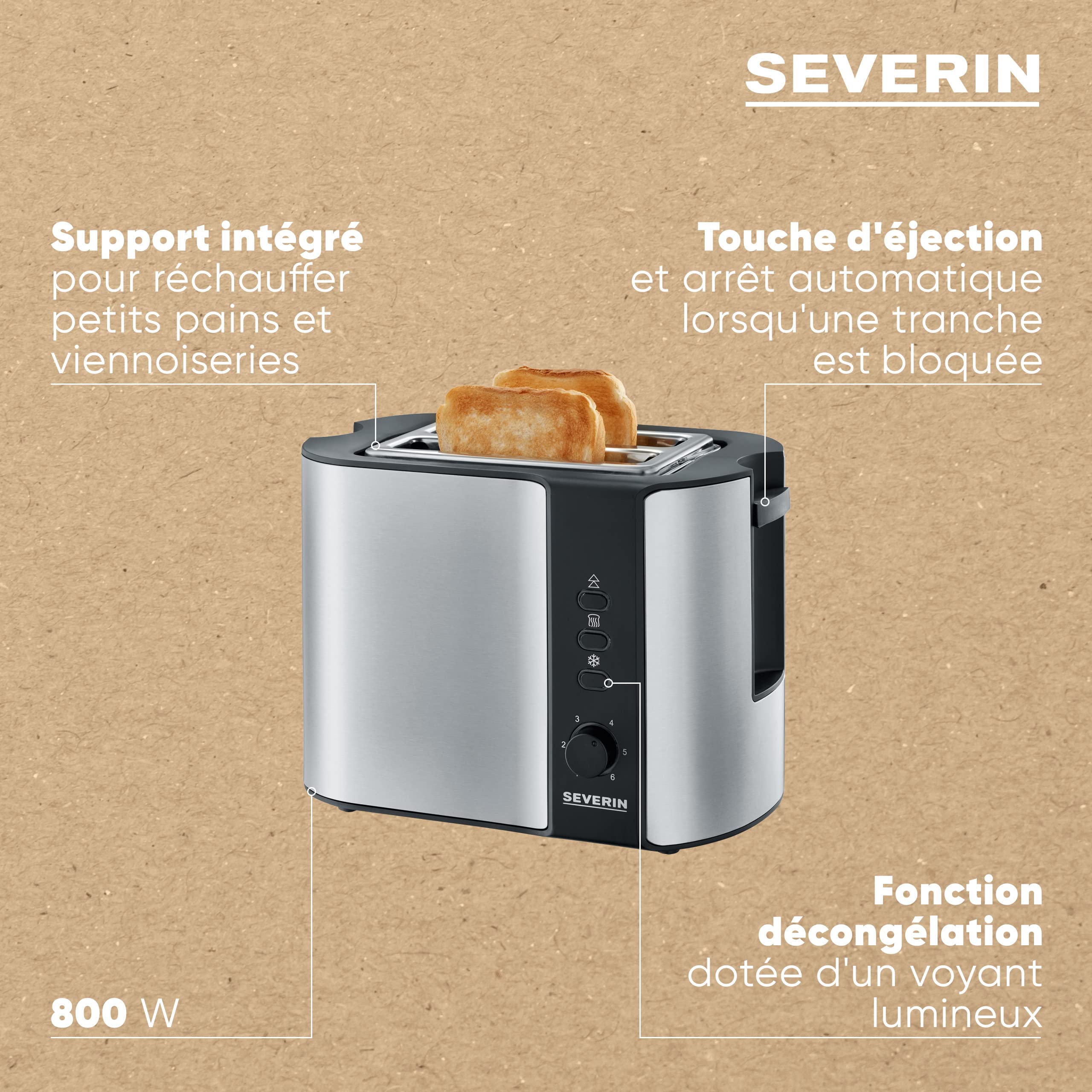 SEVERIN Grille-pain automatique 800 W, Toaster compact 2 fentes jusqu'à 2 tranches, Grille-pain électrique avec réglage du degré de brunissage & fonction décongélation, inox/noir, AT 2589