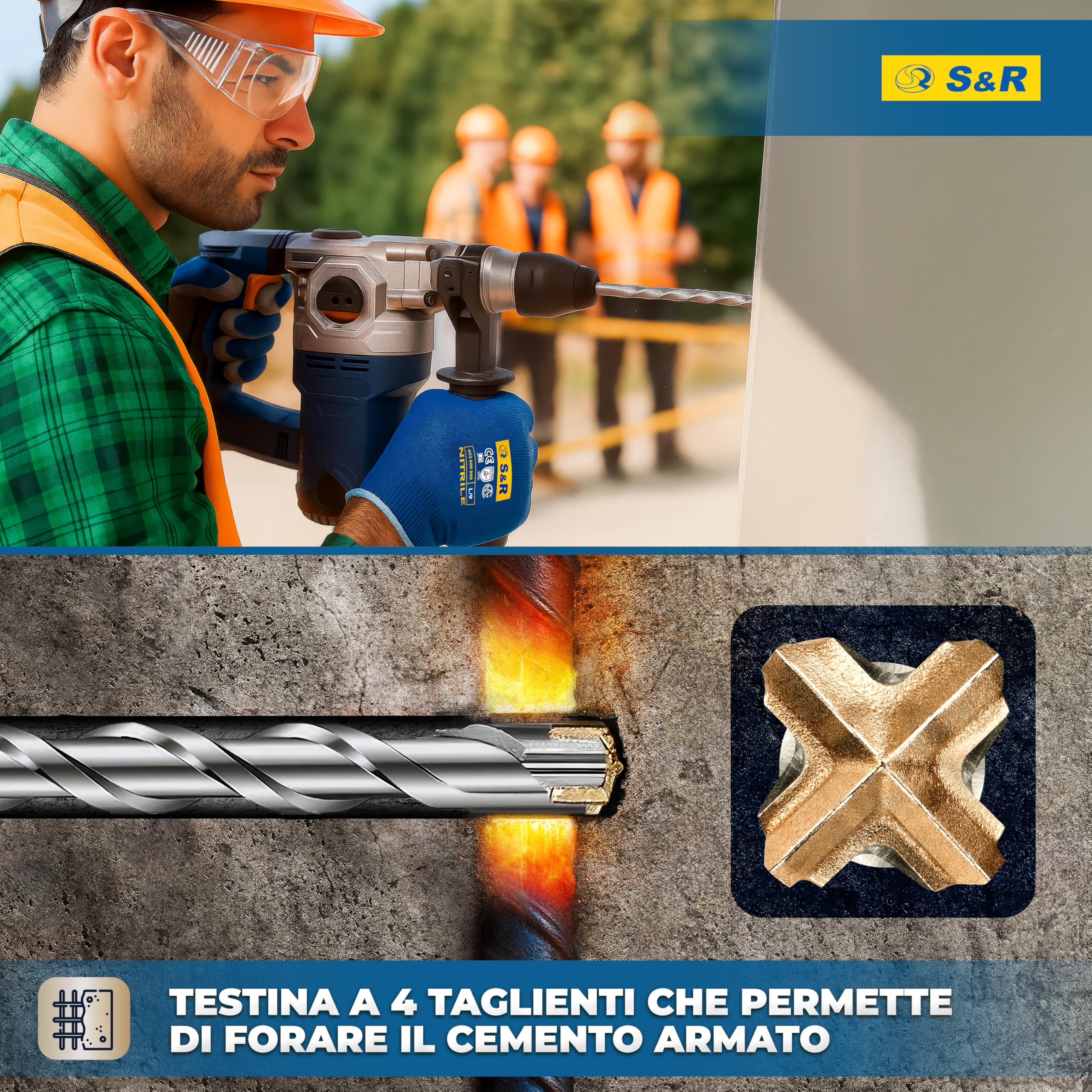 S&R Set Punte Trapano SDS-Plus a 4 taglienti - 6 Punte per CEMENTO ARMATO e Muratura. Ø 5/6/8 x 11cm - 6/8/10 x 16cm. Punte Professionali per Trapani di Tutte le Marche.