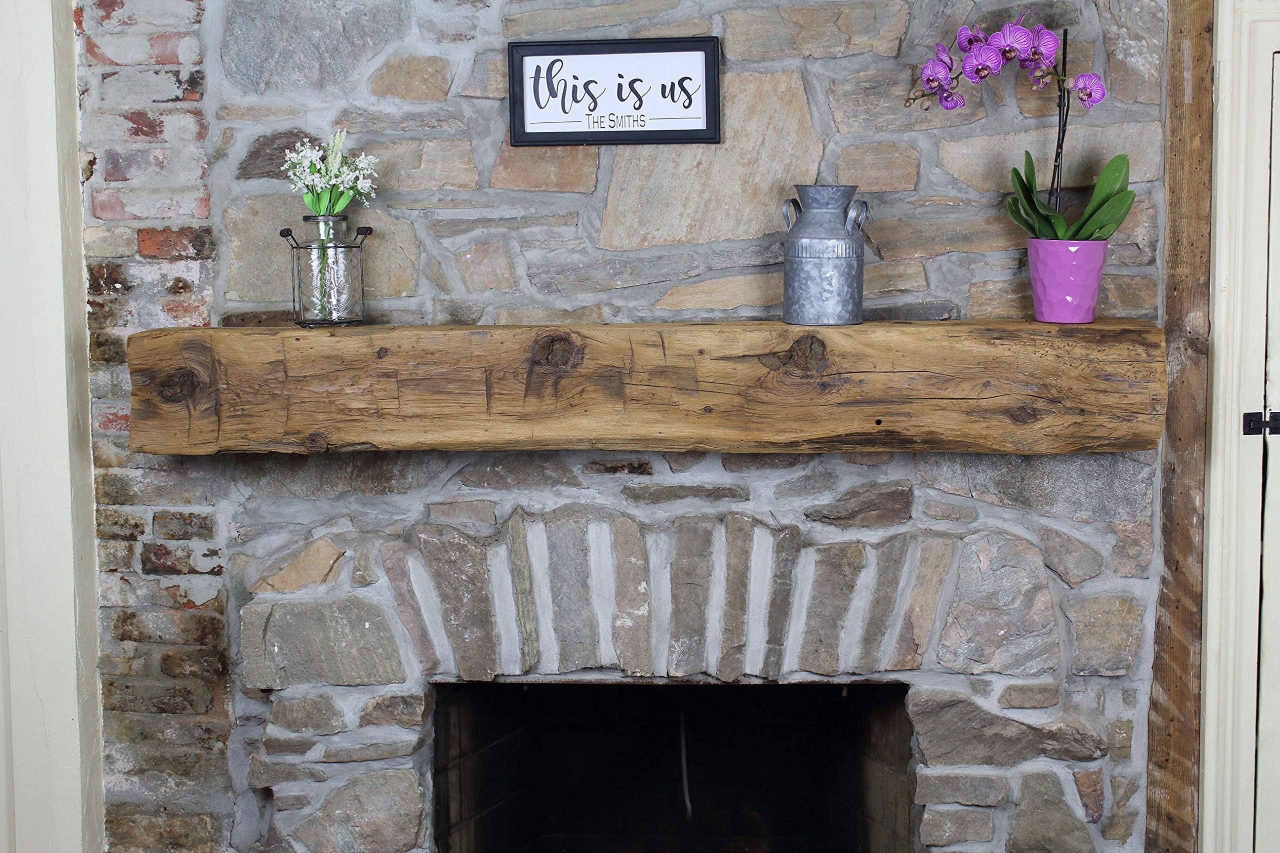 Modern Timber Craft Hand Hewn Wood Barn Beam Fireplace Mantel Shelf - Certified Reclaimed American Barnwood Floating Rustic Shelving, 78 Inches