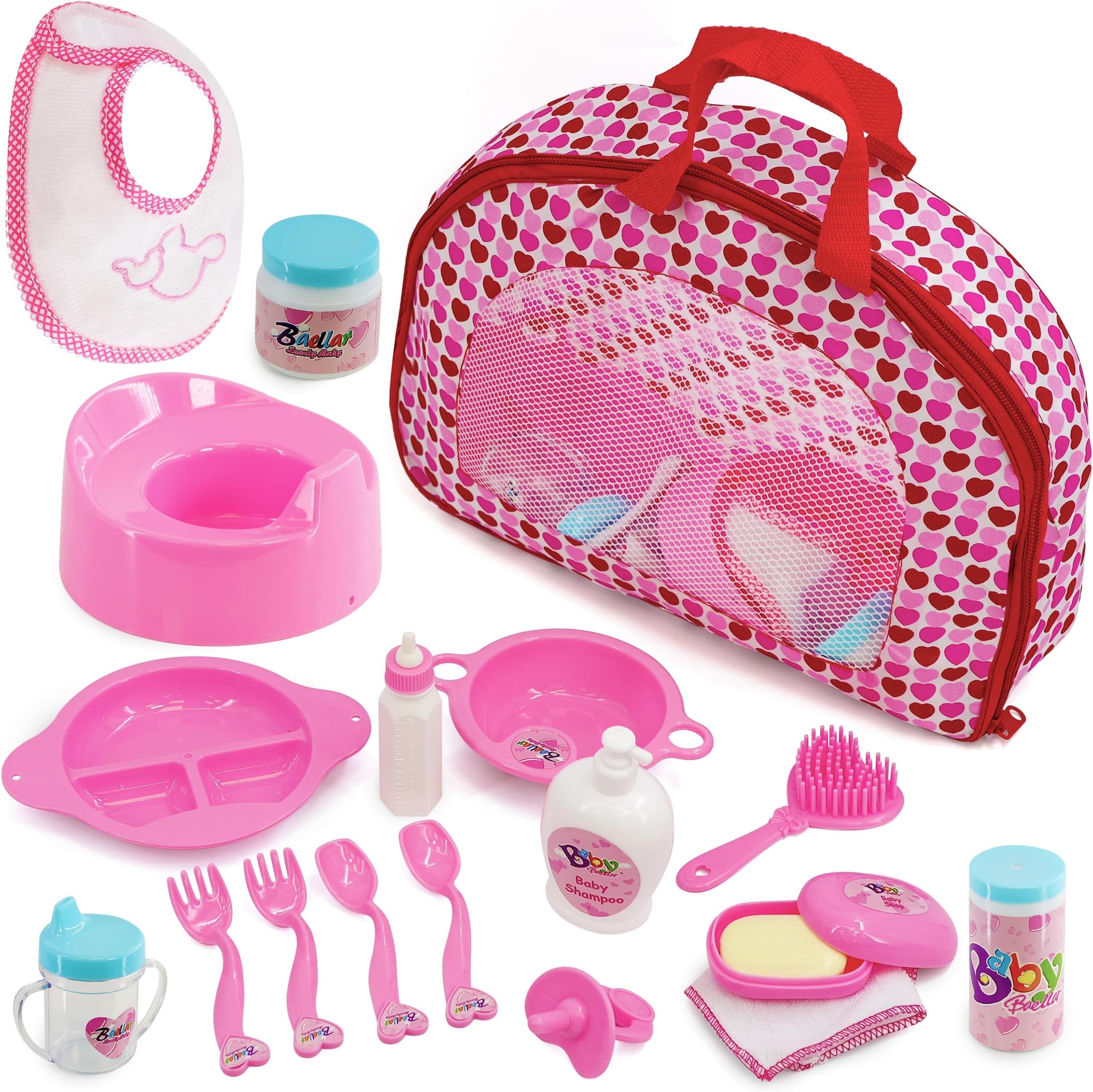 BiBi Doll Baby Doll Accessories Playset 18 Pcs with Carry Storage Bag - Includes Care & Feeding Set, Bottles, Dummy, Potty, Bib, Brush - Portable Nurturing Pretend Play Toy for Girls & Boys Aged 3+