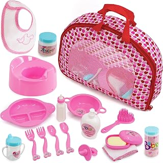 BiBi Doll Baby Doll Accessories Playset 18 Pcs with Carry Storage Bag - Includes Care & Feeding Set, Bottles, Dummy, Potty, Bib, Brush - Portable Nurturing Pretend Play Toy for Girls & Boys Aged 3+