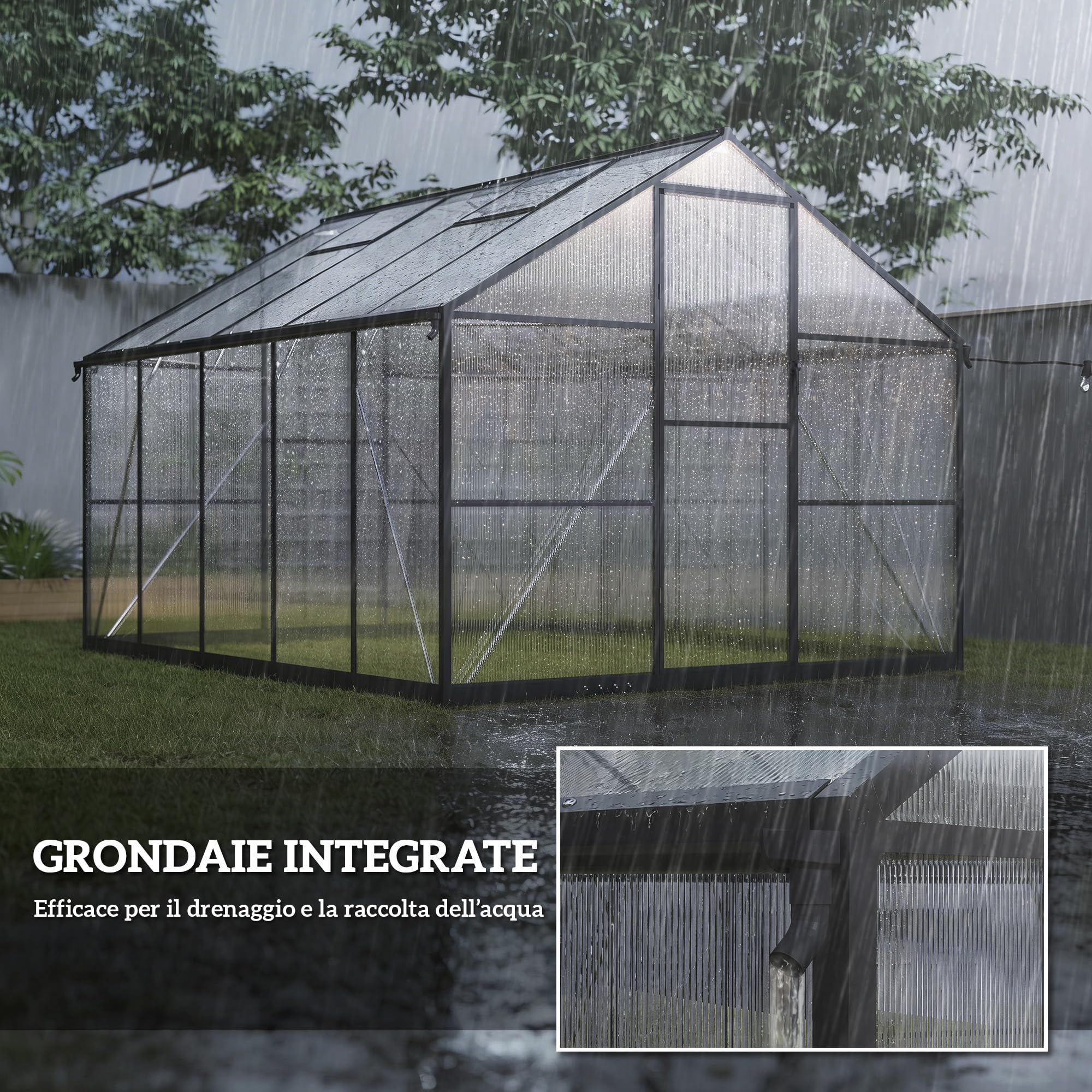 Outsunny Serra da Giardino Policarbonato con Grondaie 304x247x205cm Nero | 7.5㎡, Telaio in Lega di Alluminio, Serra per Orto, 2 Finestre a Tetto Regolabili, Porta a Battente, Anti UV, per Piante