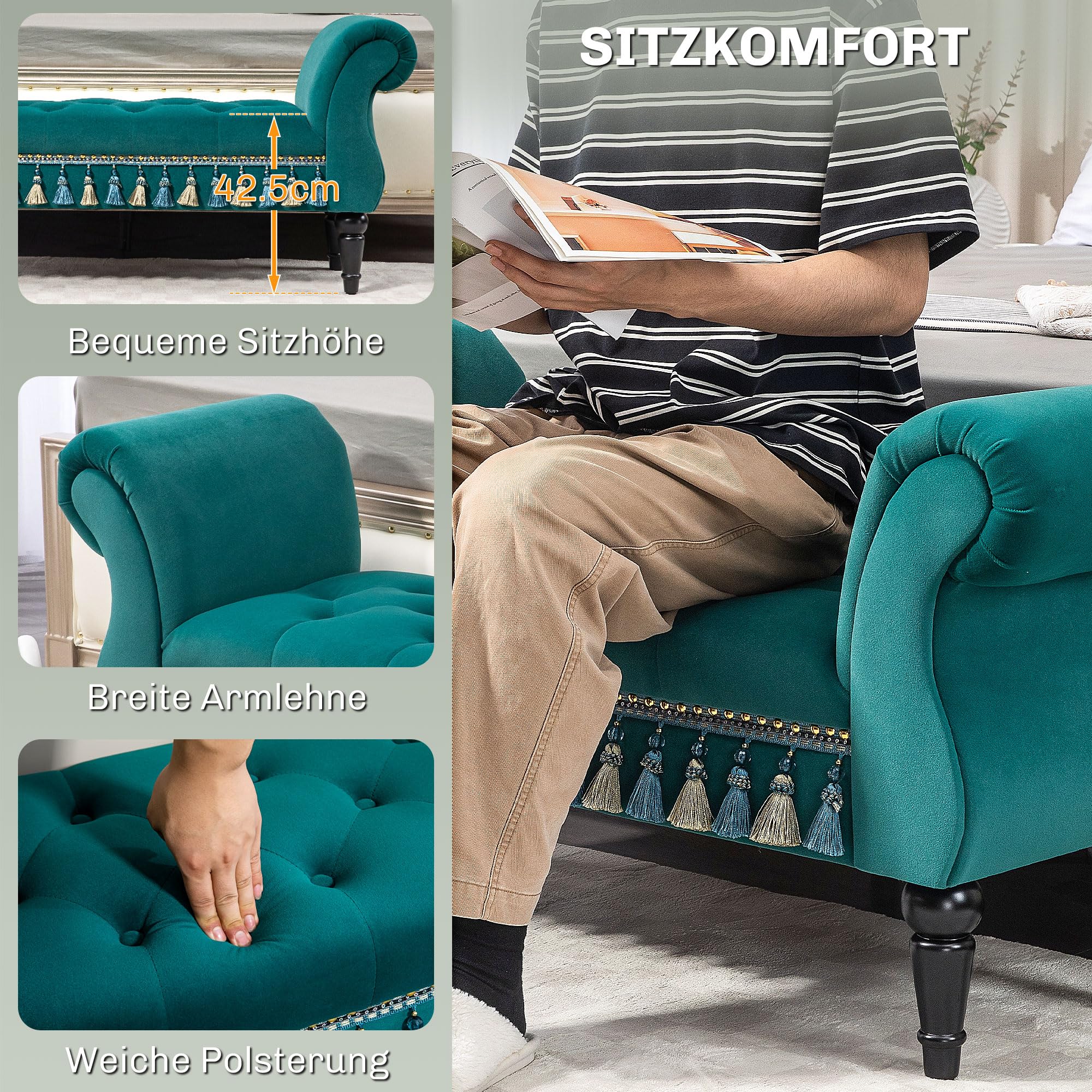 Homcom Bout De Lit Rembourré Velours Côtelé Pieds Acier Vert