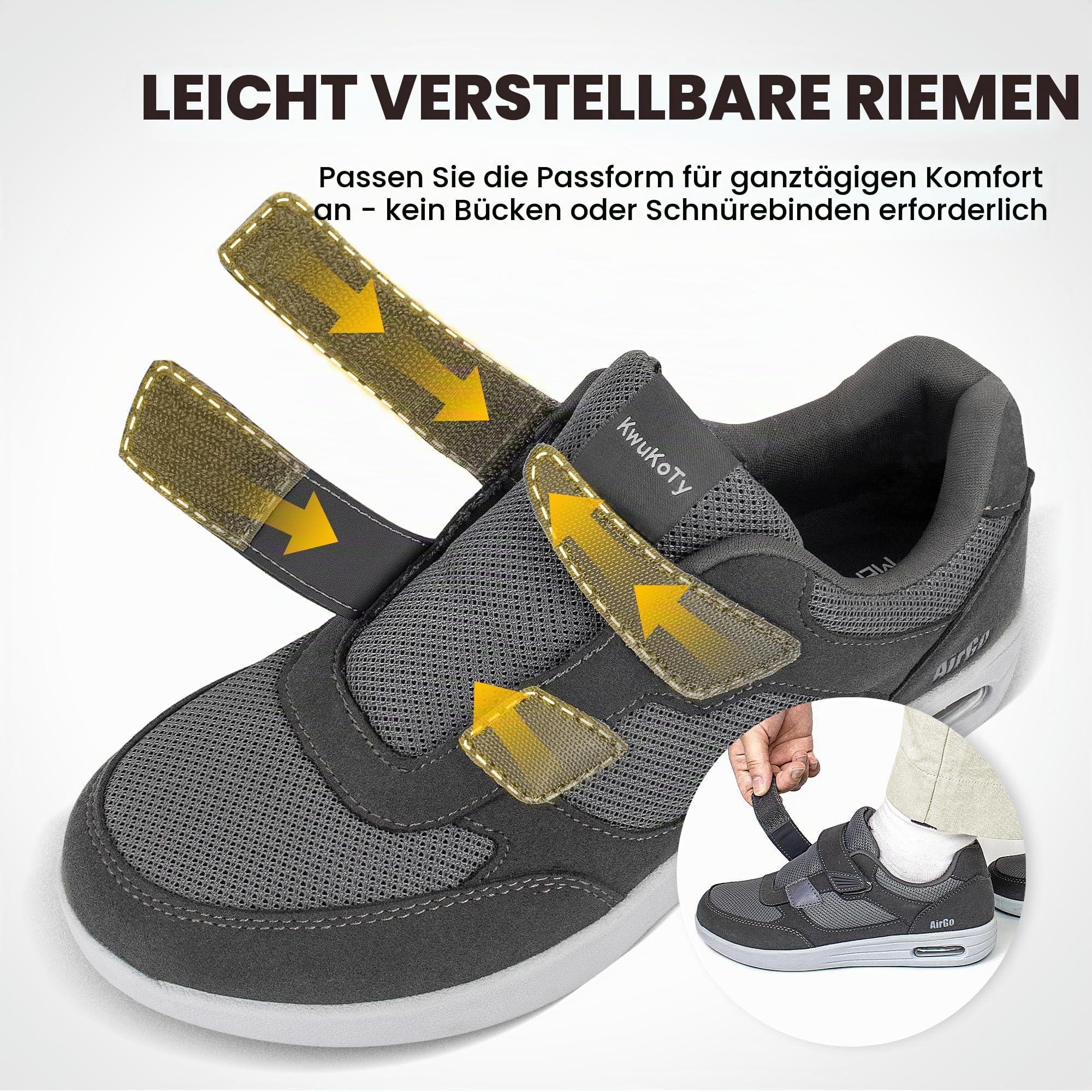 Diabetiker-Schuhe für Herren, verstellbare Sneaker, schnürfrei, Plantarfasziitis, Ödeme, geschwollene Füße, Ballenzehen, weite Größe 39-47